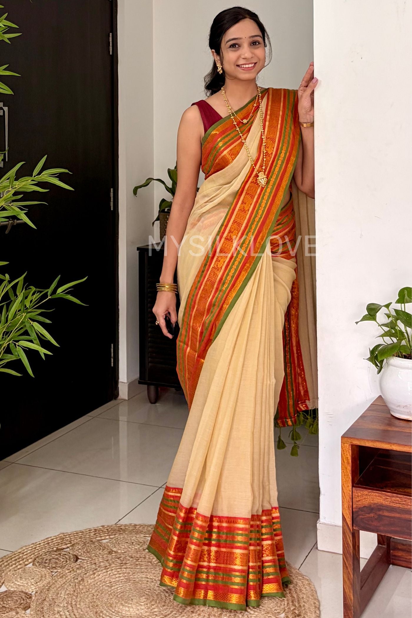 Buy MySilkLove Pistachio Cream Mul Mul Cotton Kanchi Border Kanchipuram Saree Online