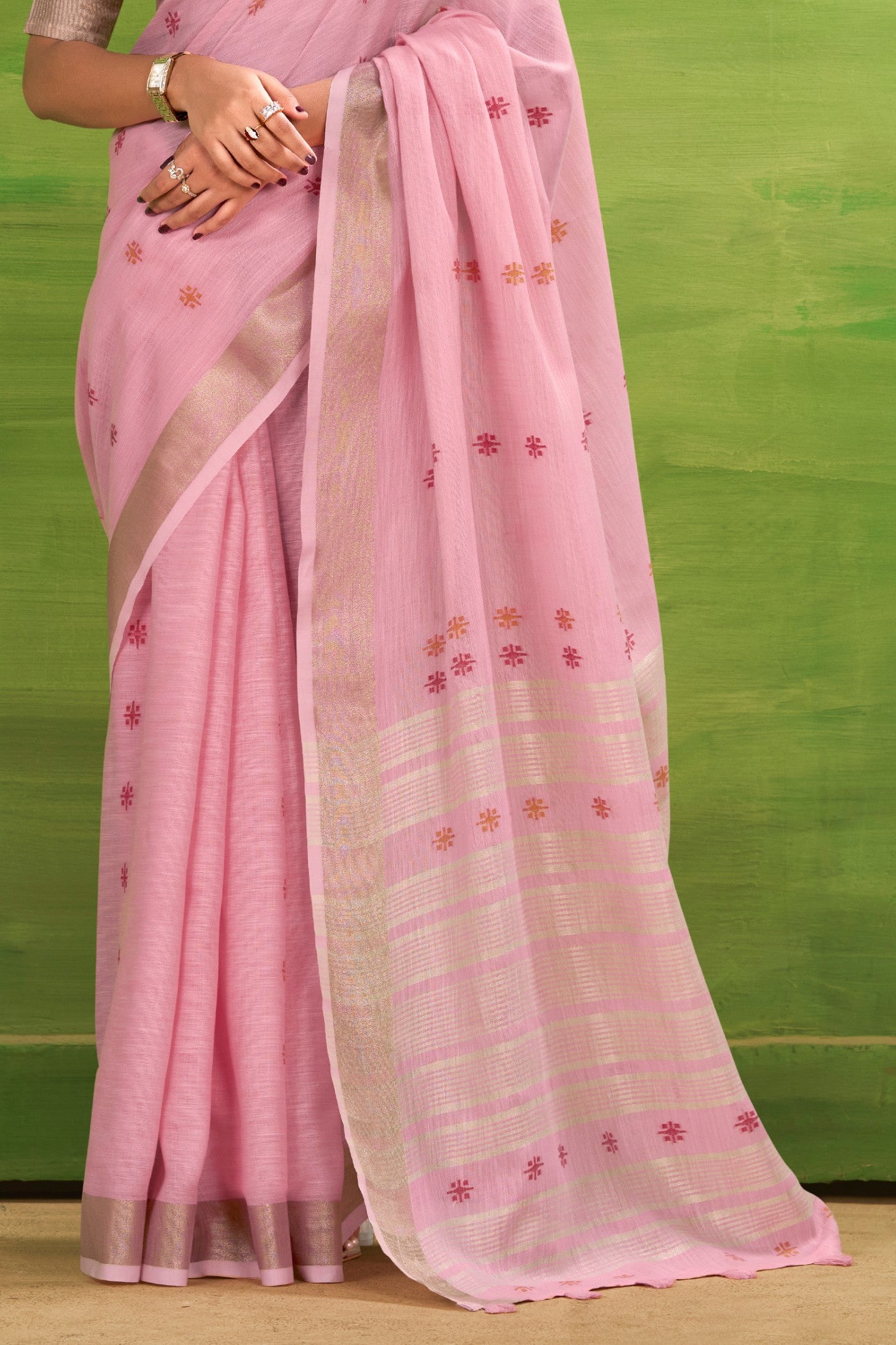 Buy MySilkLove Rose Pink Woven Linen Saree Online