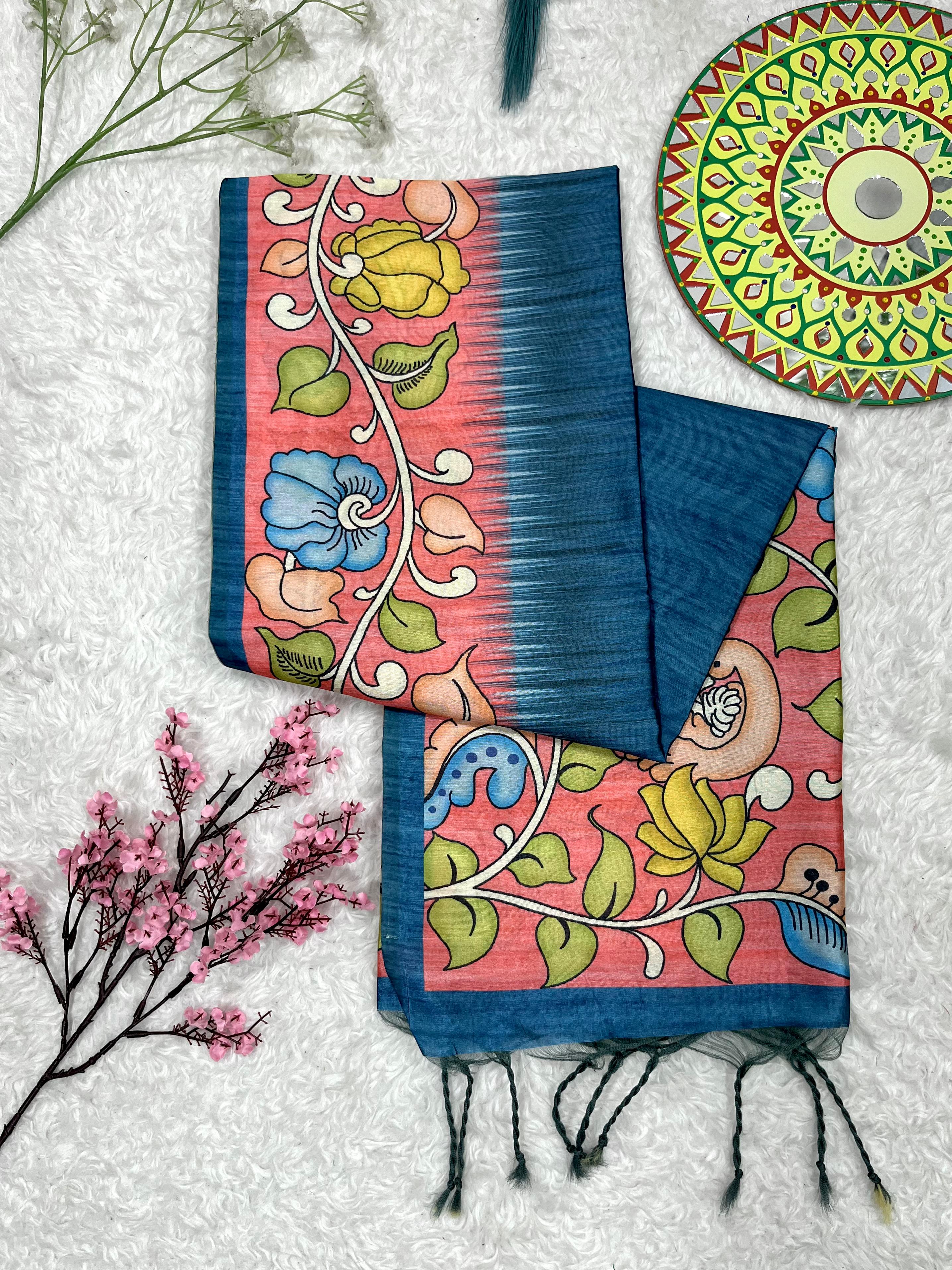 Buy MySilkLove Clematis Blue Floral Printed Cotton Saree Online