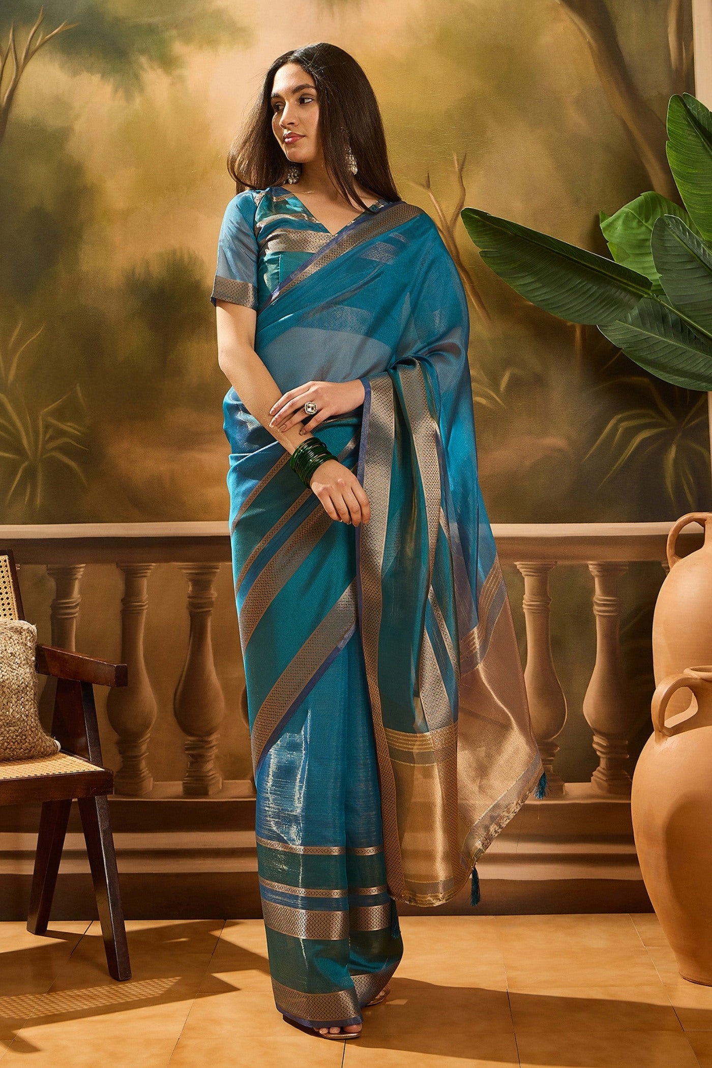 Buy MySilkLove Bondi Blue Woven Organza Saree Online