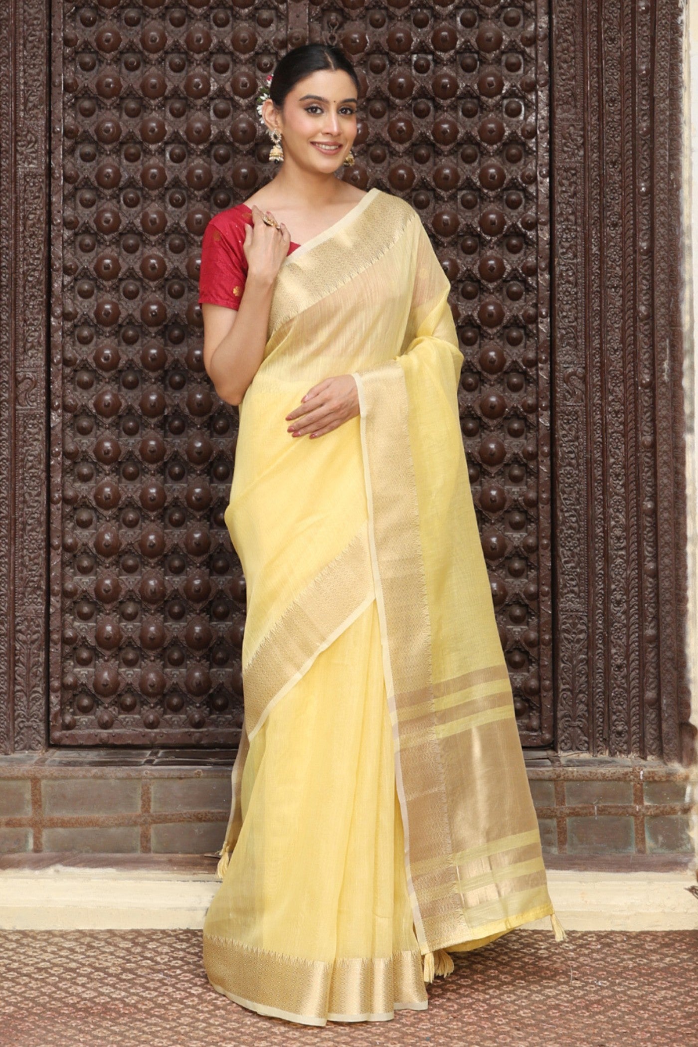 Buy MySilkLove Crayola Yellow Woven Cotton Saree Online