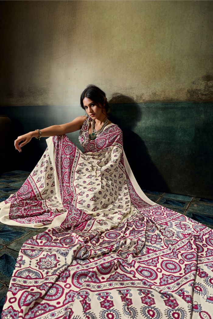 Buy MySilkLove Windsor Cream Modal Ajrakh Satin Printed Silk Saree Online