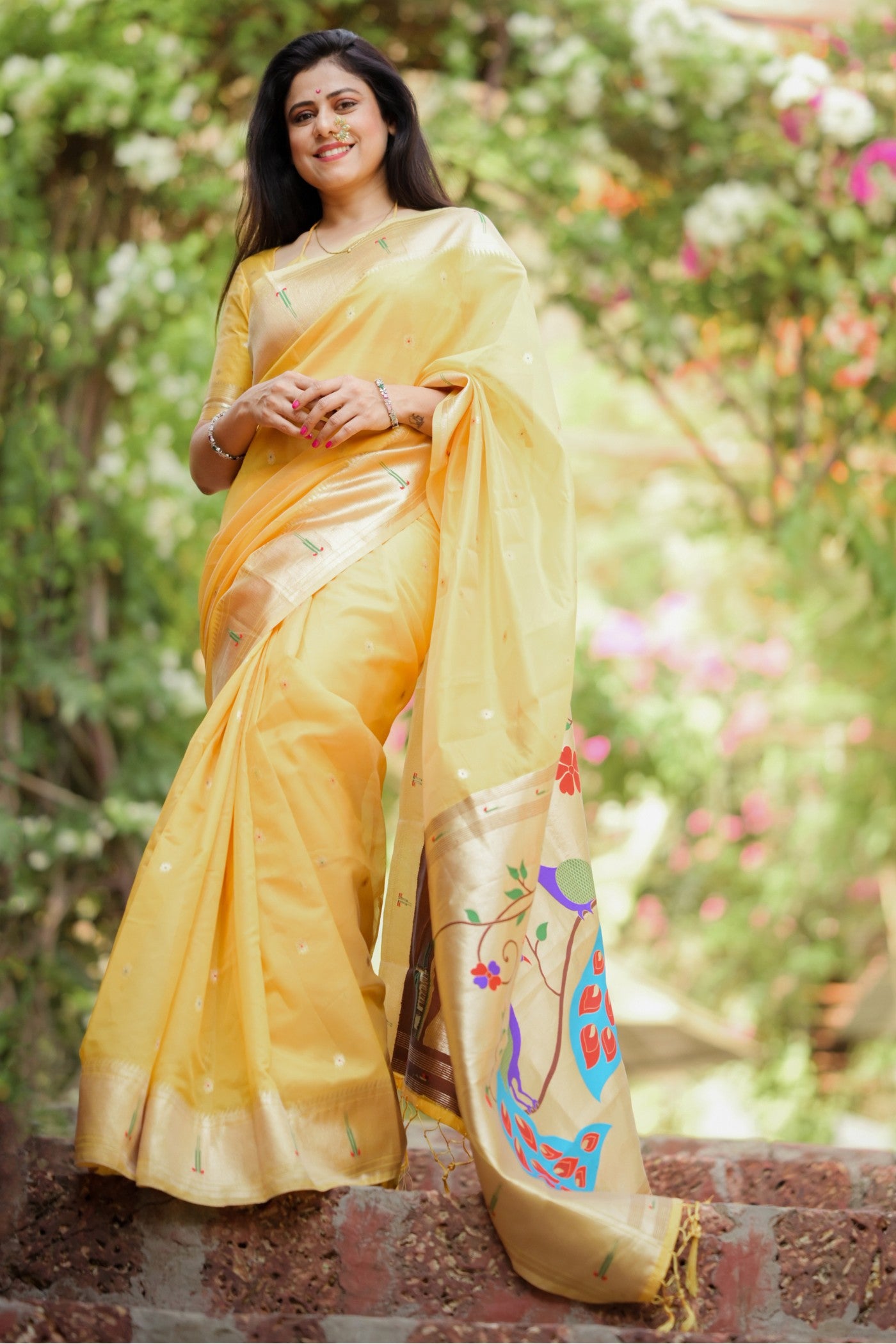 Buy MySilkLove Bumblebee Yellow Organza Woven Paithani Saree Online