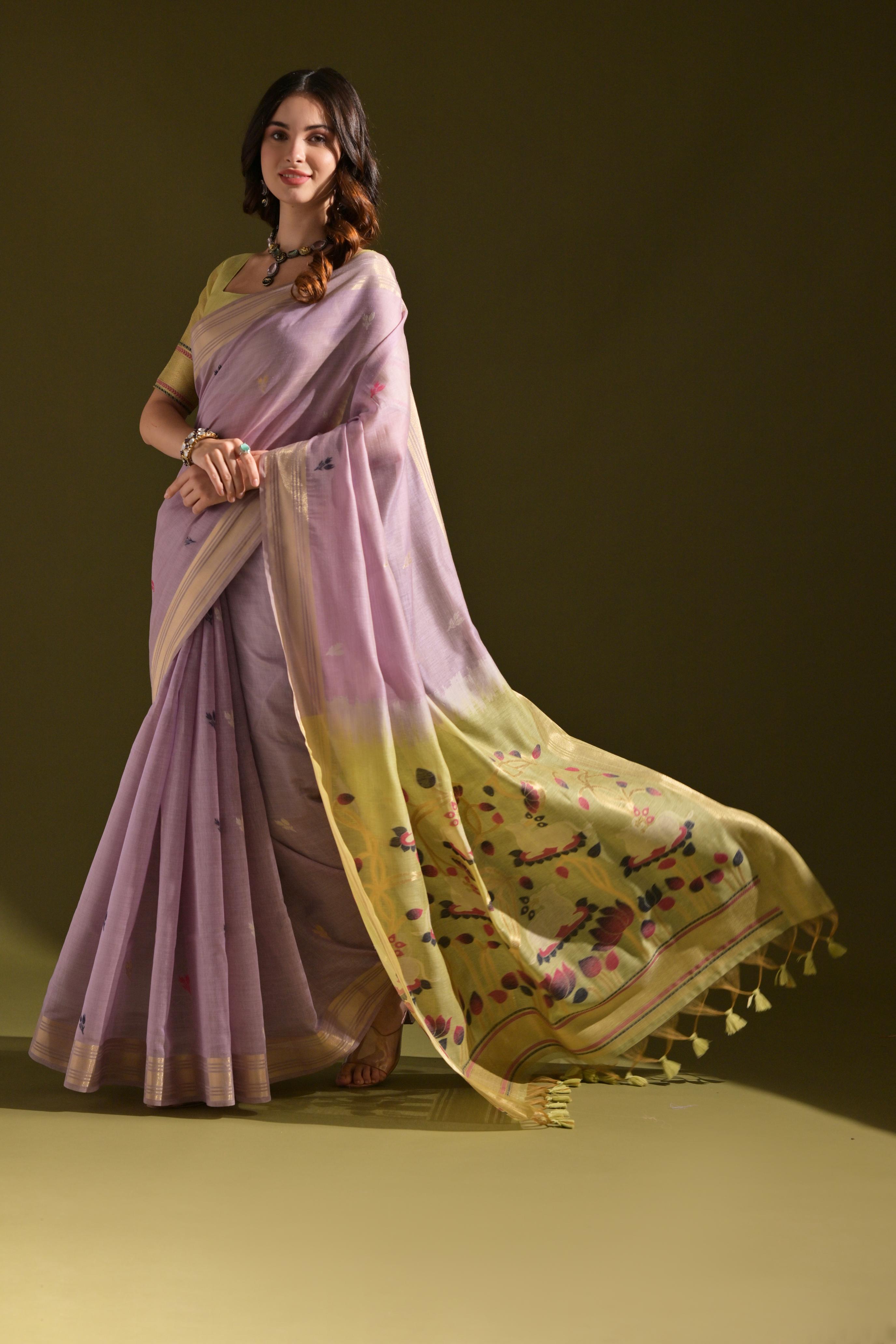 Buy MySilkLove Verbena Purple Woven Muga Cotton Saree Online