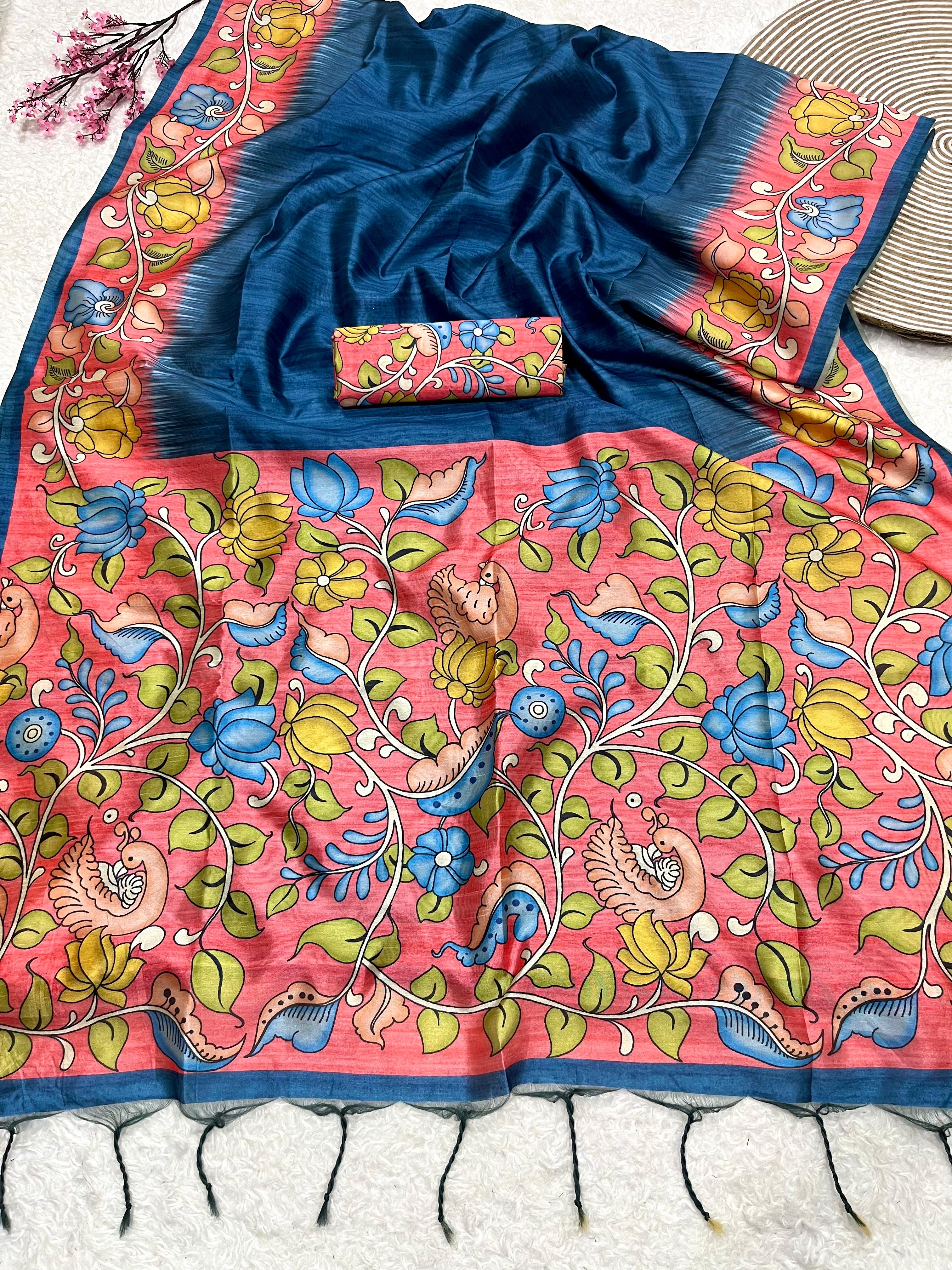 Buy MySilkLove Clematis Blue Floral Printed Cotton Saree Online