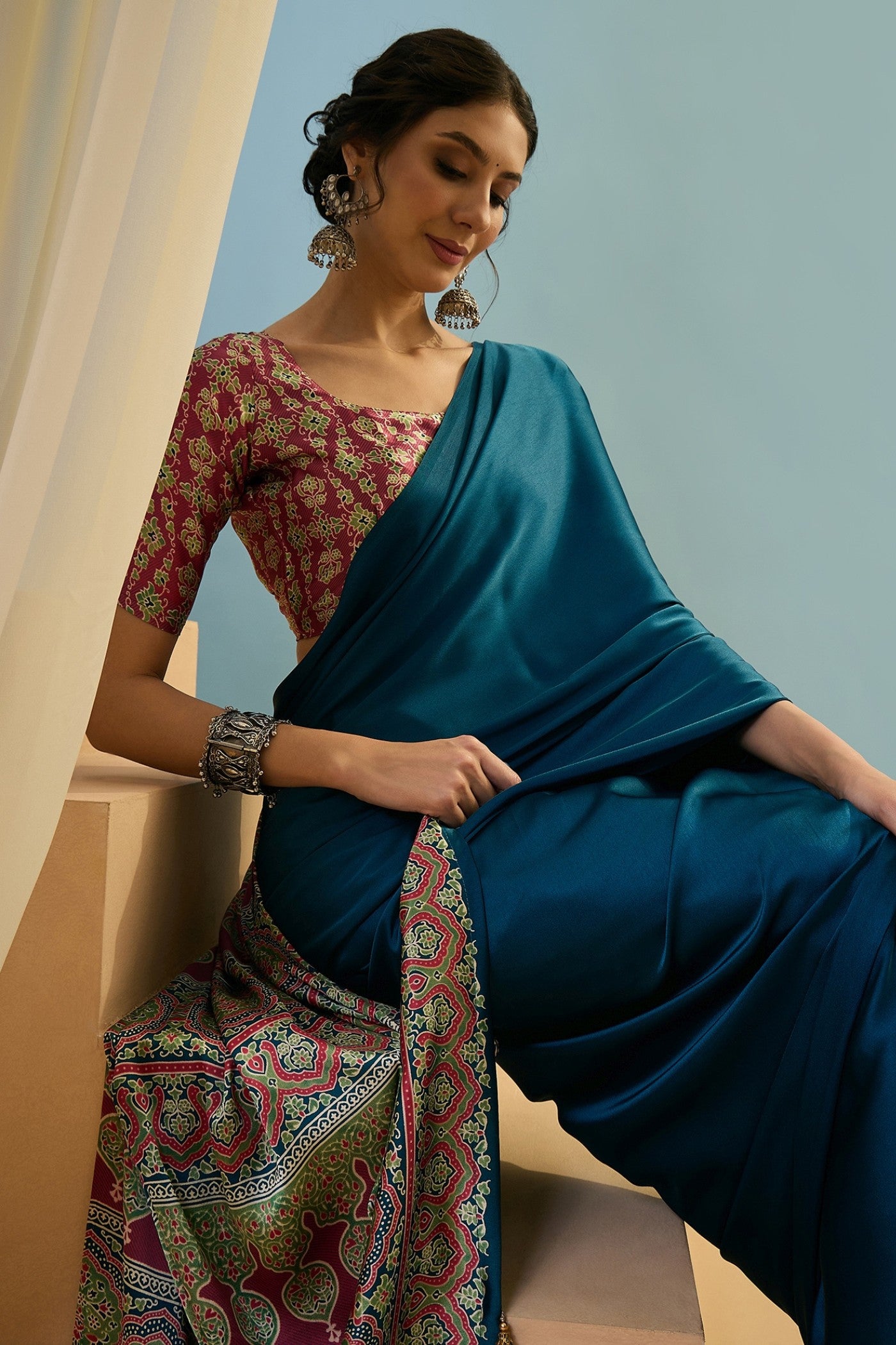 Buy MySilkLove Arcane Blue Ajrakh Printed Satin Crepe Silk Saree Online