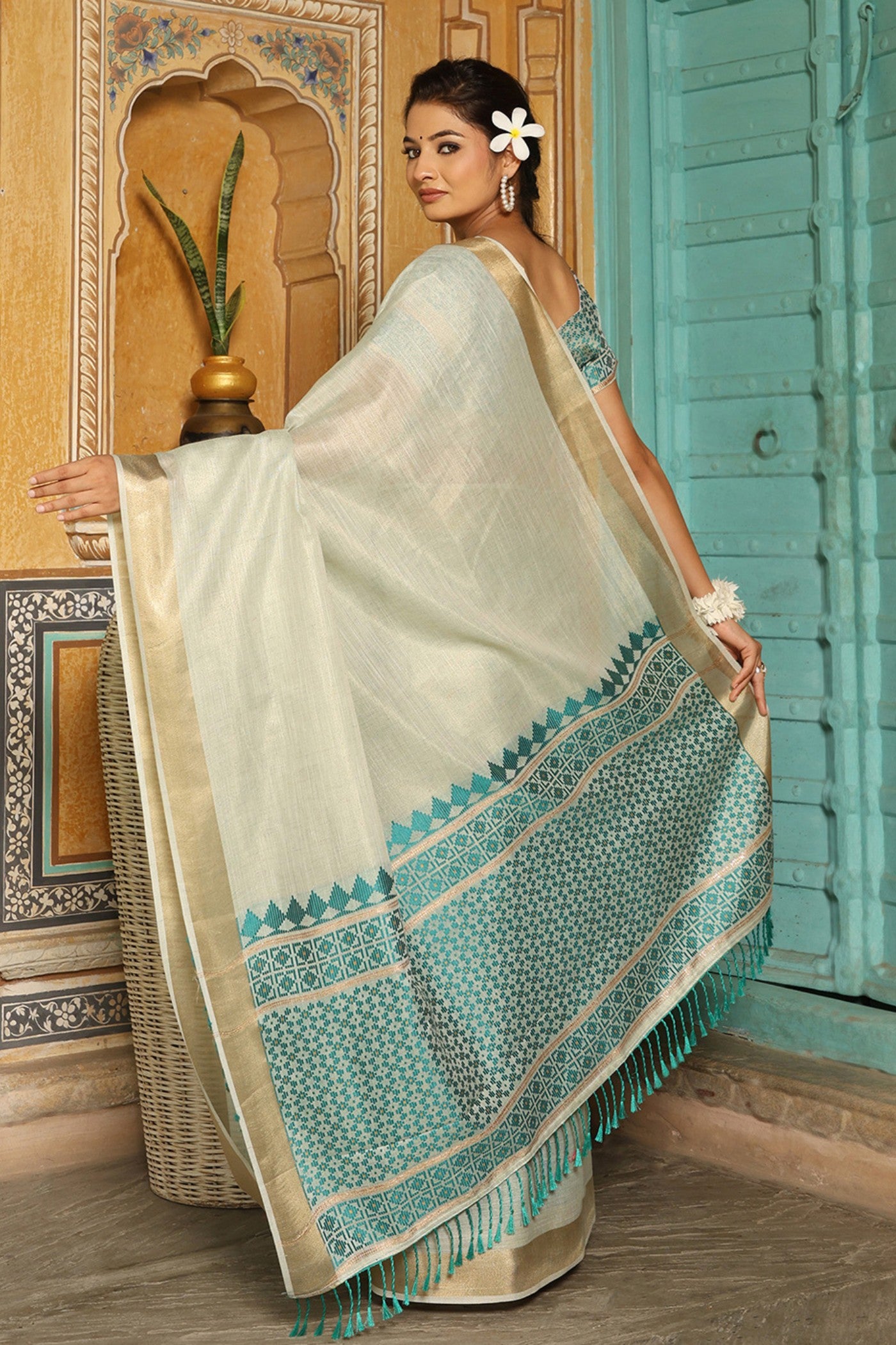 Buy MySilkLove Glitter White and Green Woven Linen Saree Online