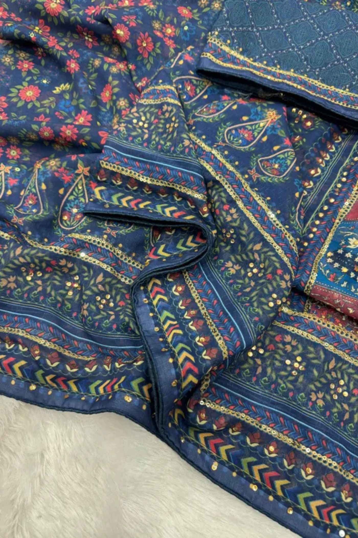 Buy MySilkLove Velvet Blue Georgette Ajrakh Printed Embroidered Saree Online