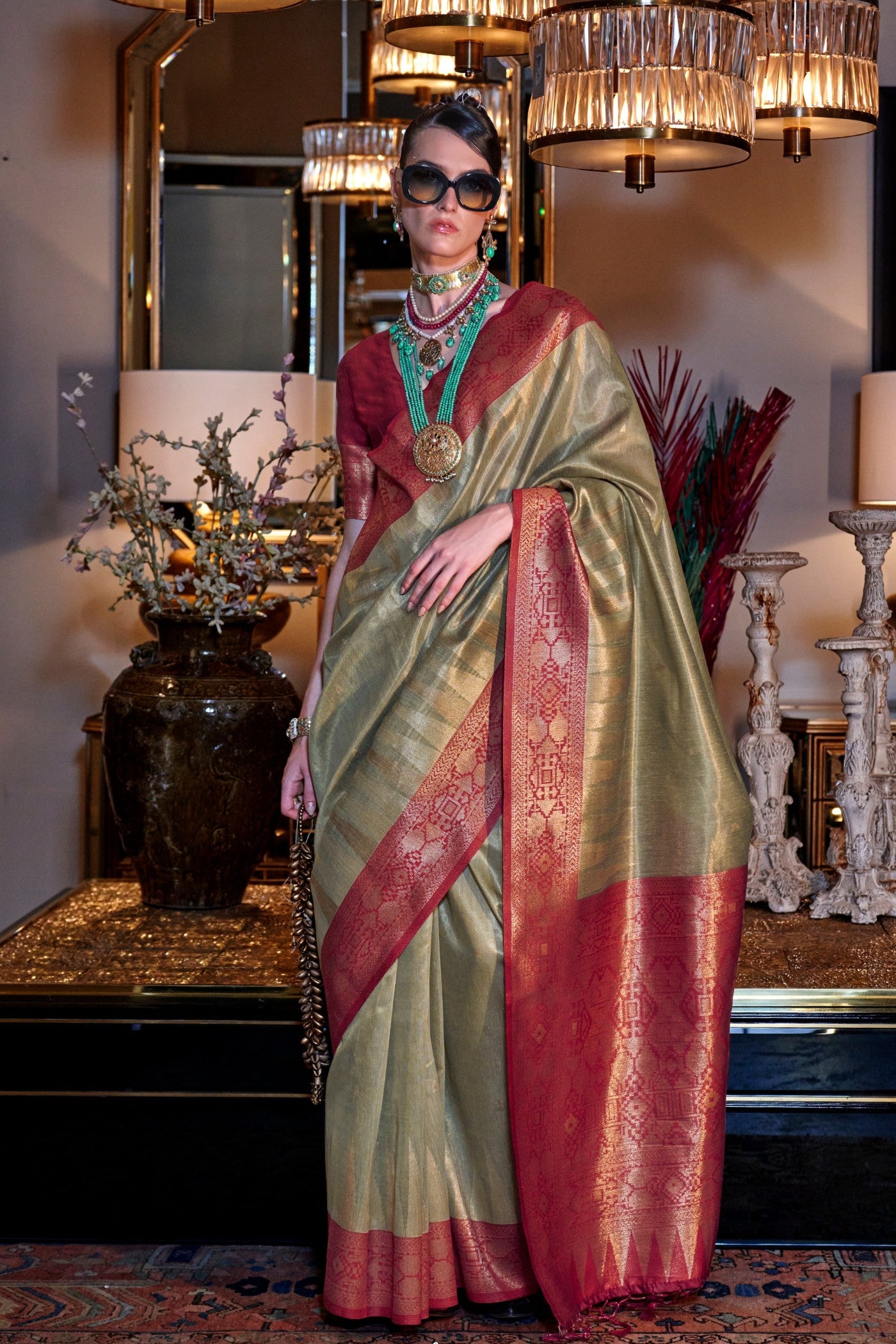 Buy MySilkLove Lime Green Woven Tissue Silk Saree Online
