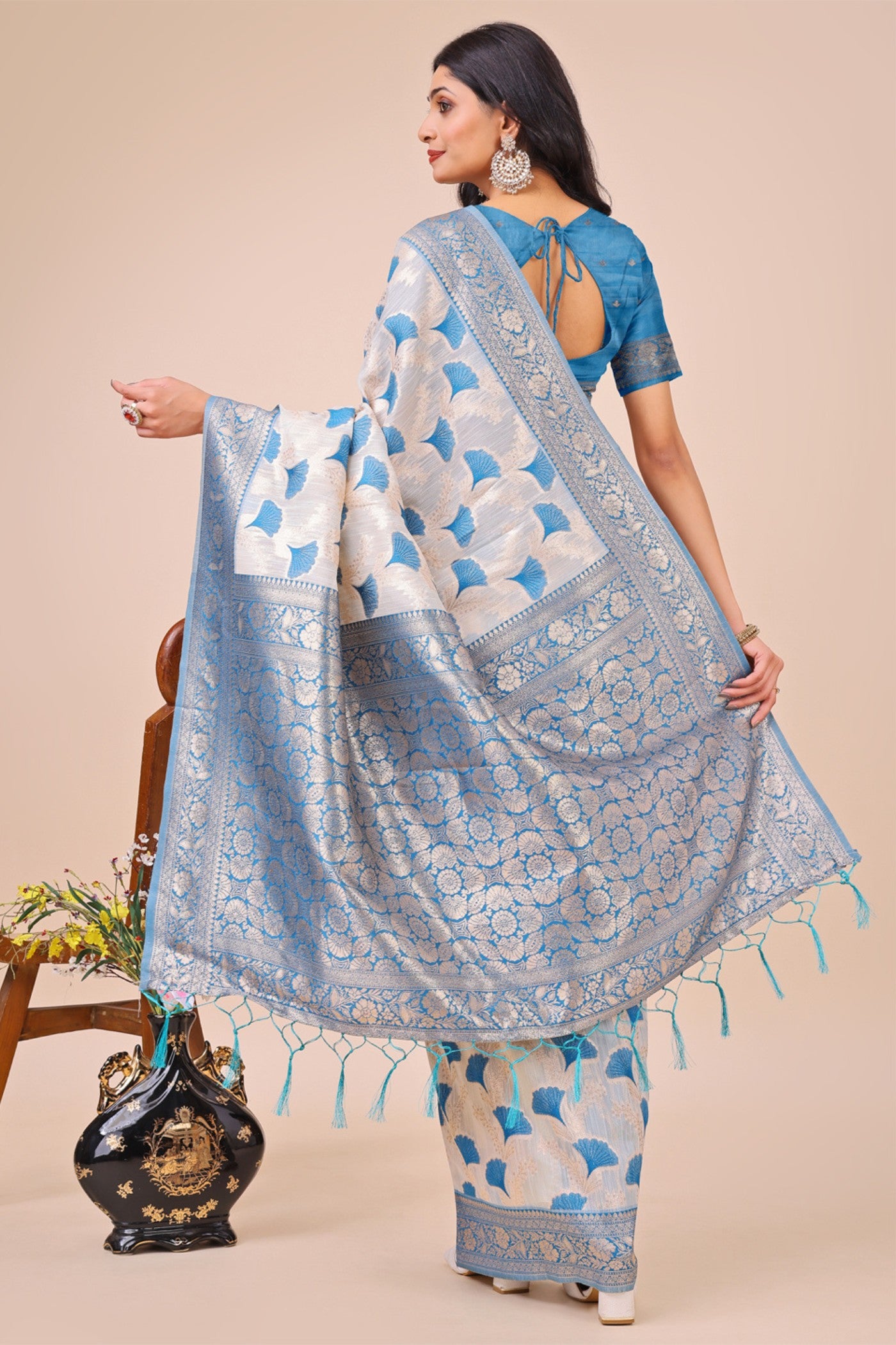 Buy MySilkLove Ice White and Blue Linen Cotton Saree Online