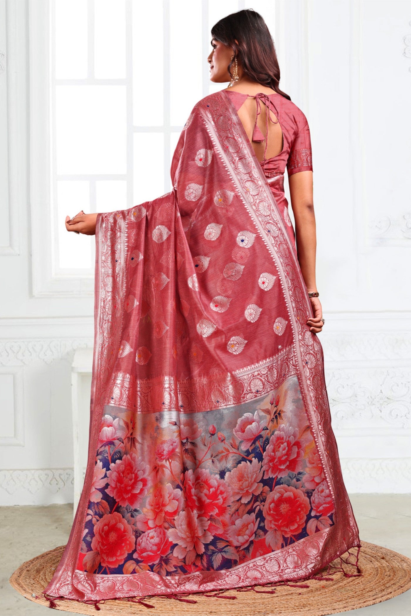 Buy MySilkLove Rust Brown Woven Linen Cotton Saree Online