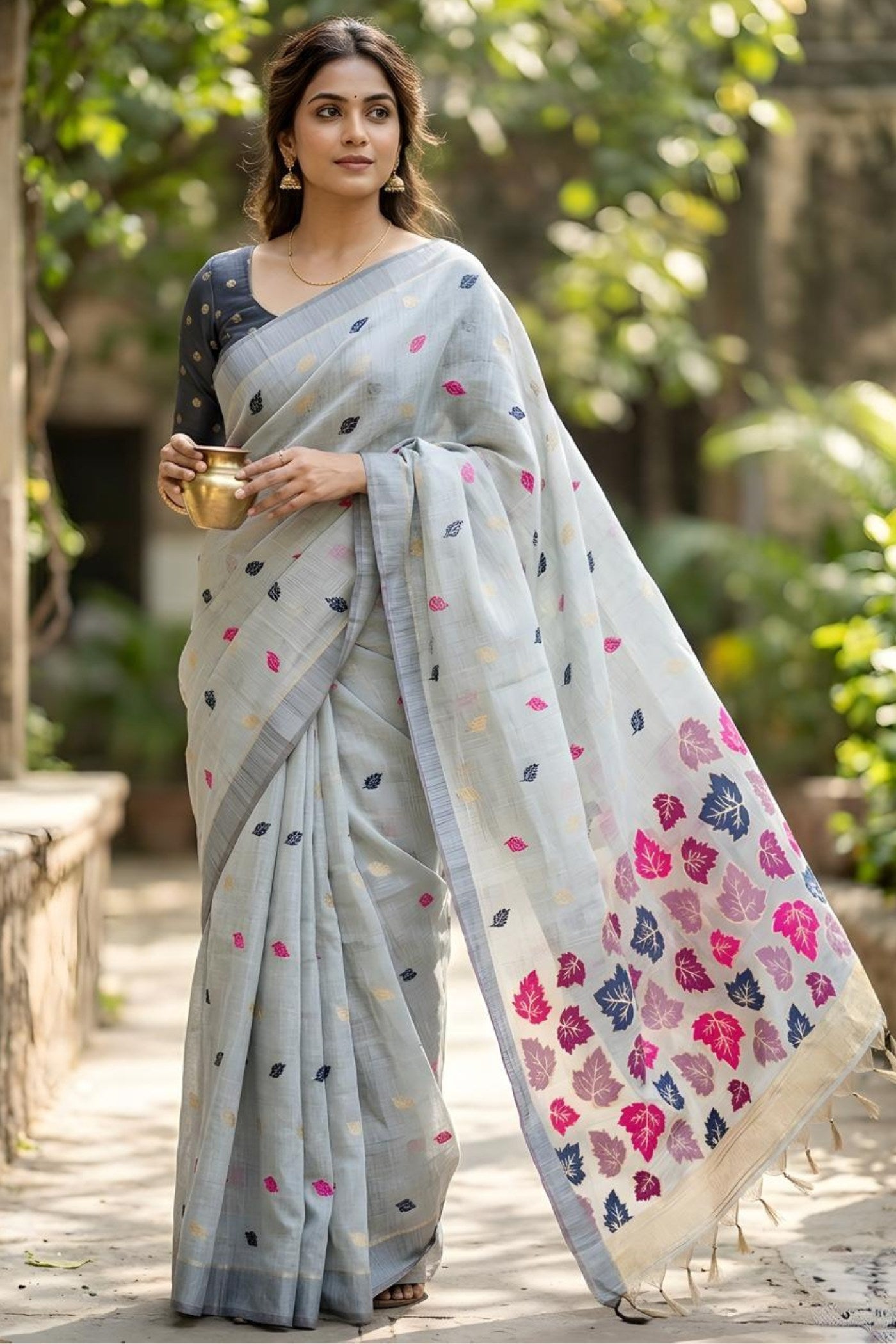 Buy MySilkLove Frost Grey Woven Linen Saree Online
