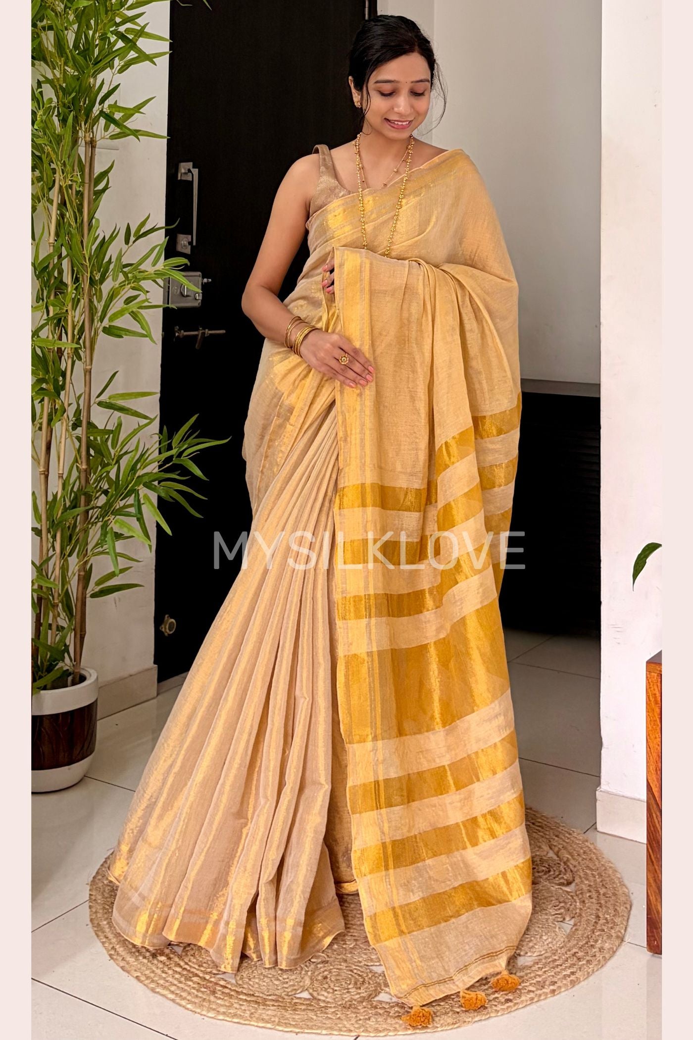 Buy MySilkLove Butter Cream Tissue Woven Silk Saree Online