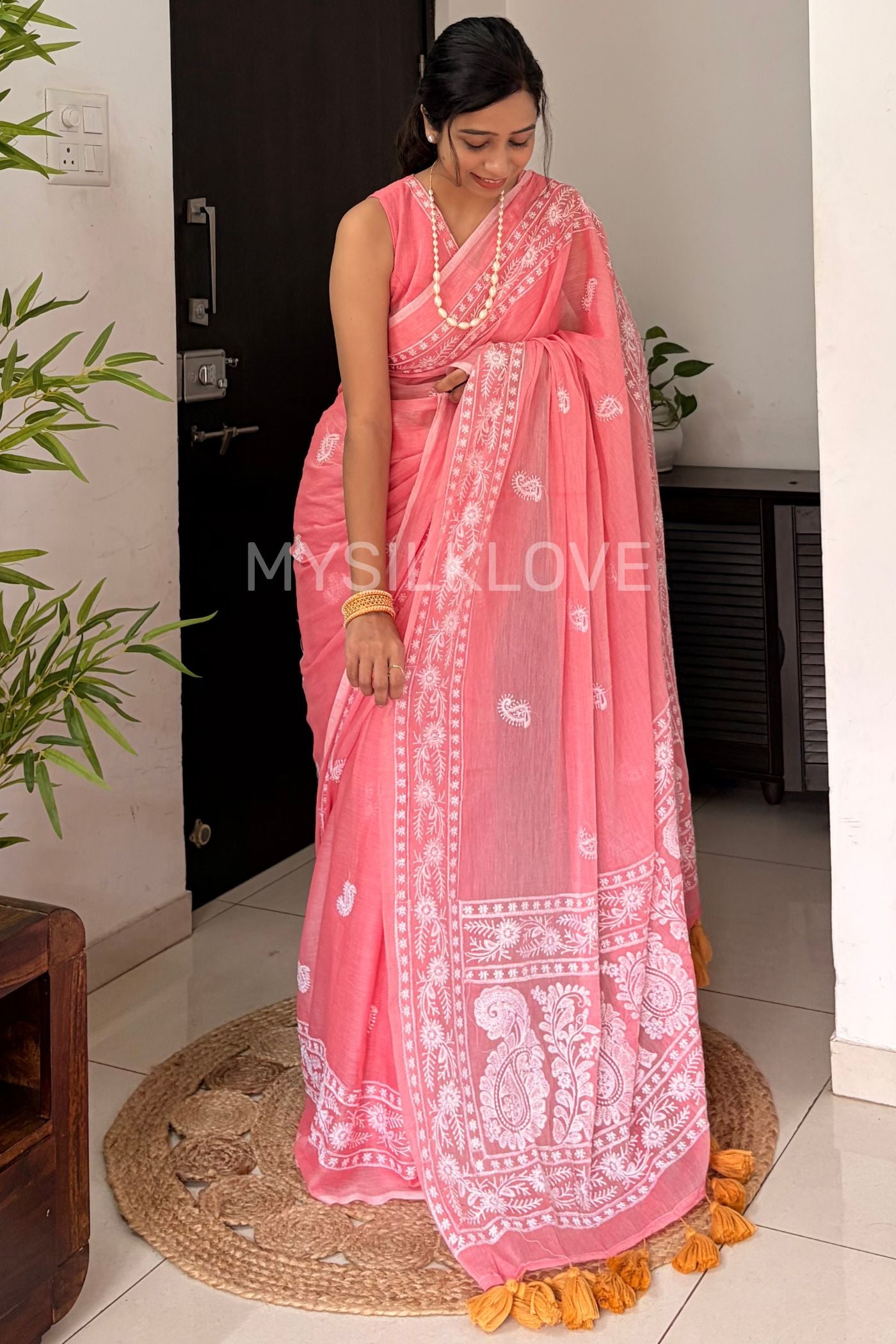 Buy MySilkLove Blossom Pink Handwoven Pure Mul Mul Cotton Chikankari Saree Online