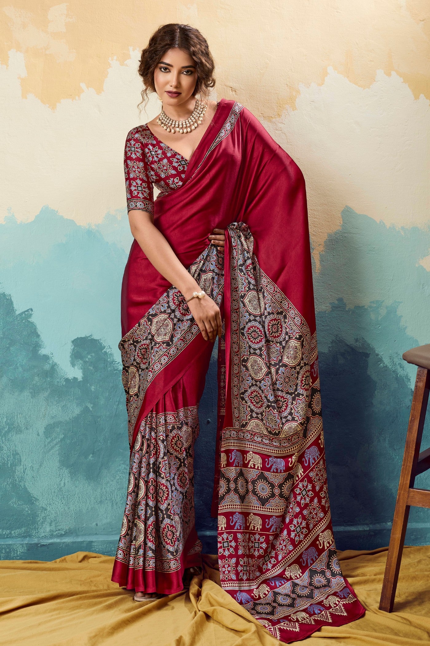 Buy MySilkLove Tomato Red Modal Ajrakh Satin Printed Silk Saree Online