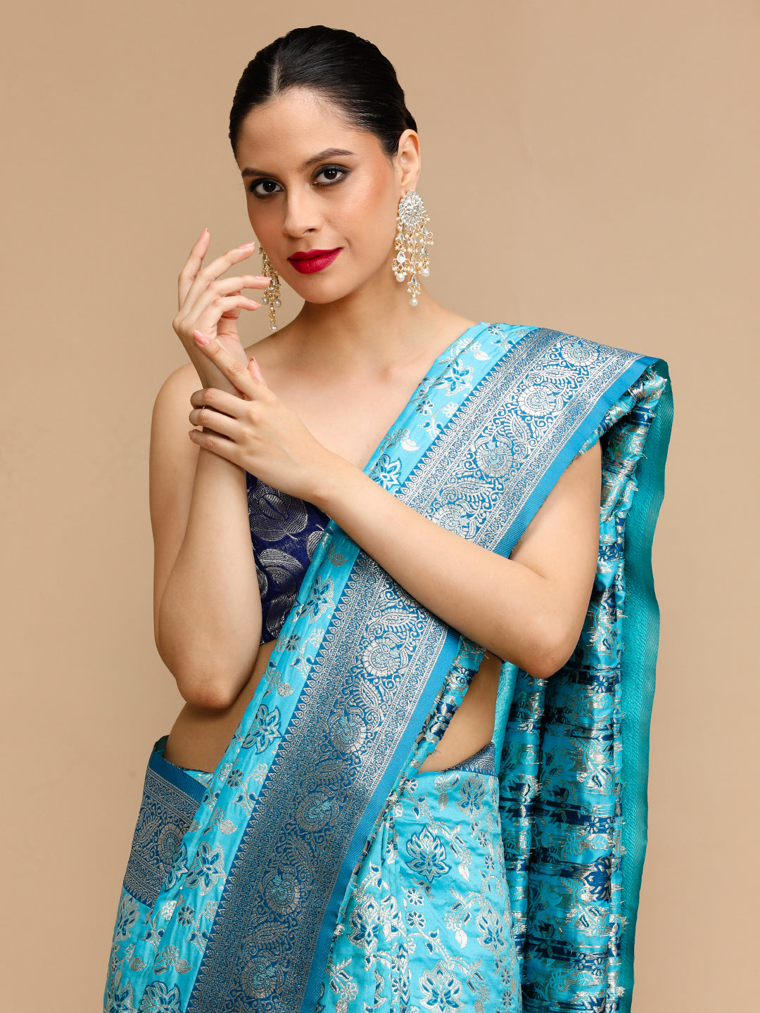 Buy MySilkLove Tiffany Blue Woven Jacquard Lichi Silk Saree Online