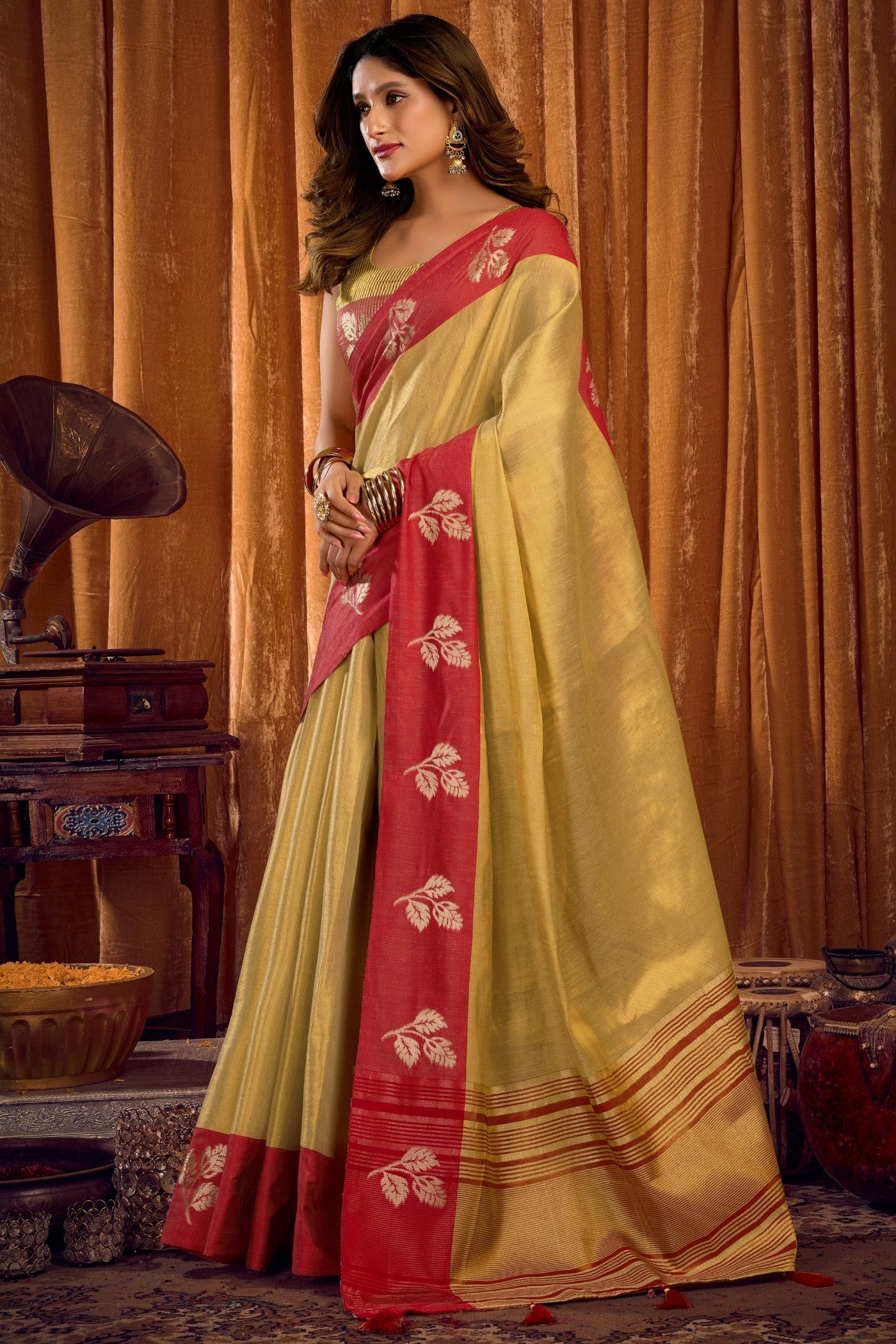 Buy MySilkLove Light Yellow Woven Tissue Saree Online