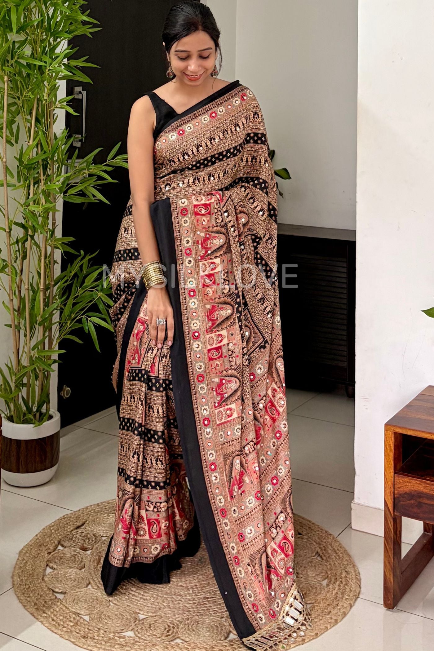 Buy MySilkLove Velvet Black Dulhan Print Satin Mirror Work Saree Online