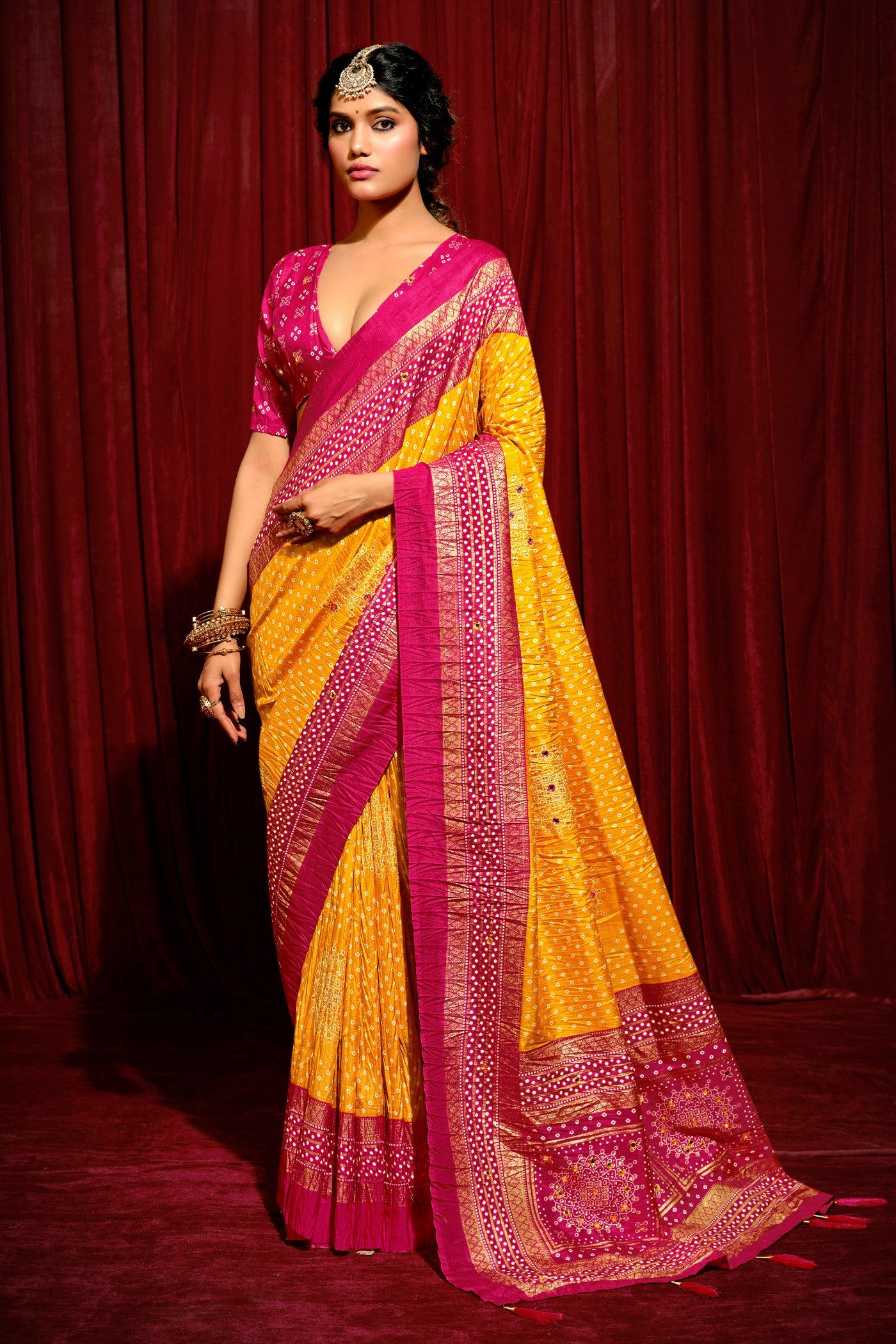 Buy MySilkLove Tulip Yellow Tussar Bandhani Silk Saree Online