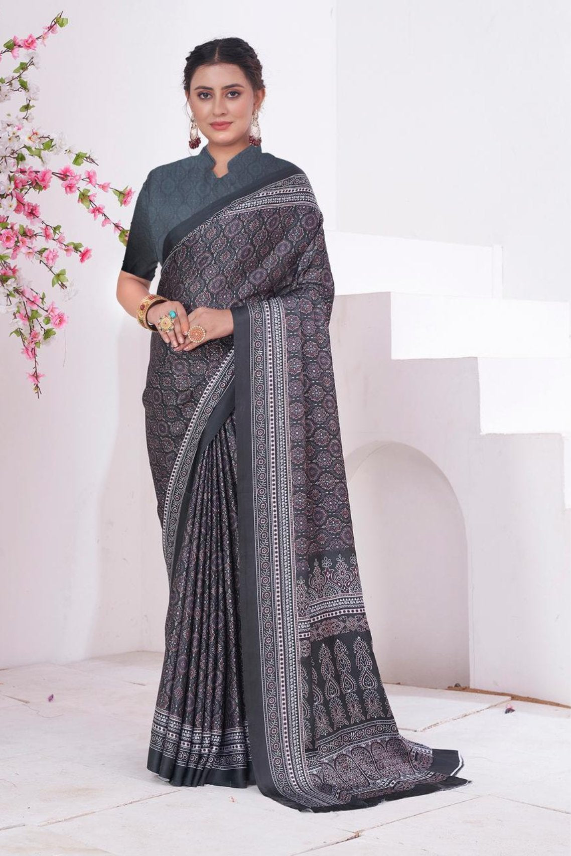 Buy MySilkLove Cloudy Grey Ajrakh Printed Satin Crepe Saree Online