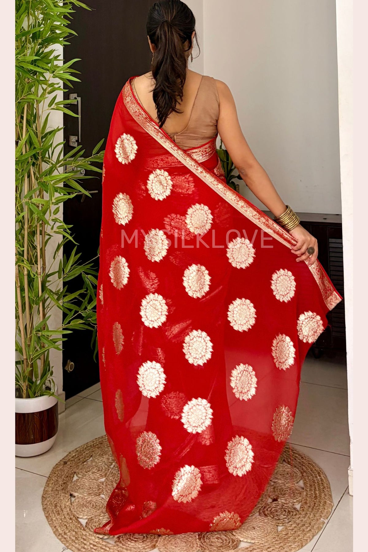 Buy MySilkLove Garnet Red Woven Georgette Silk Saree Online