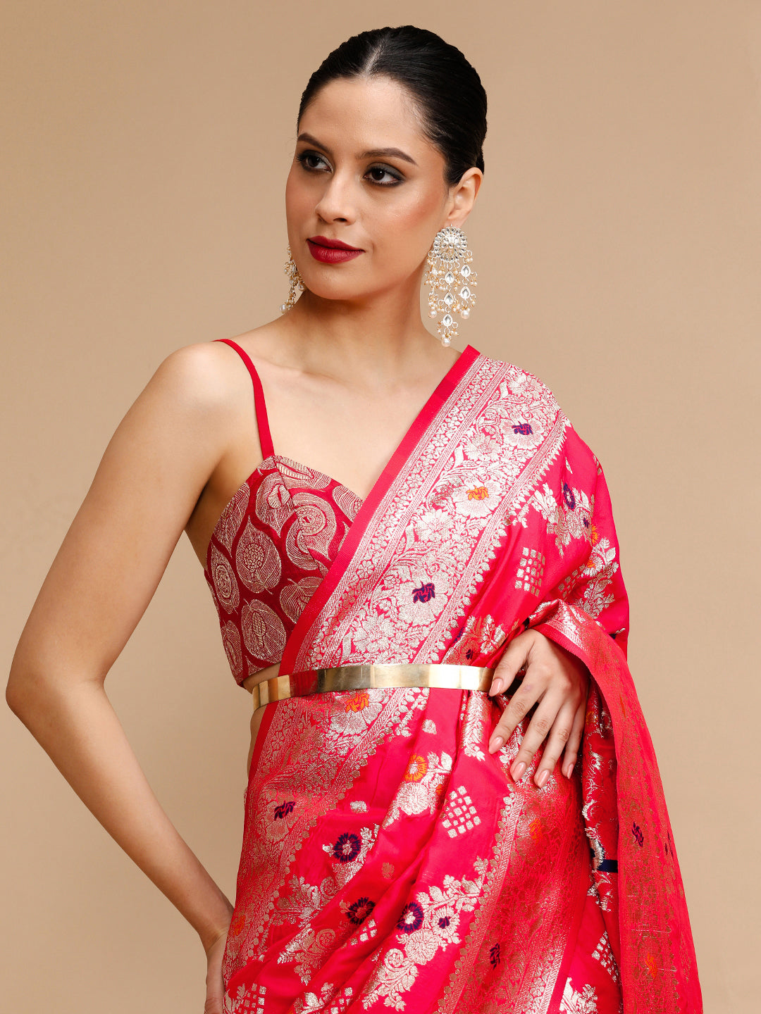 Buy MySilkLove Rosewood Pink Woven Jacquard Lichi Silk Saree Online