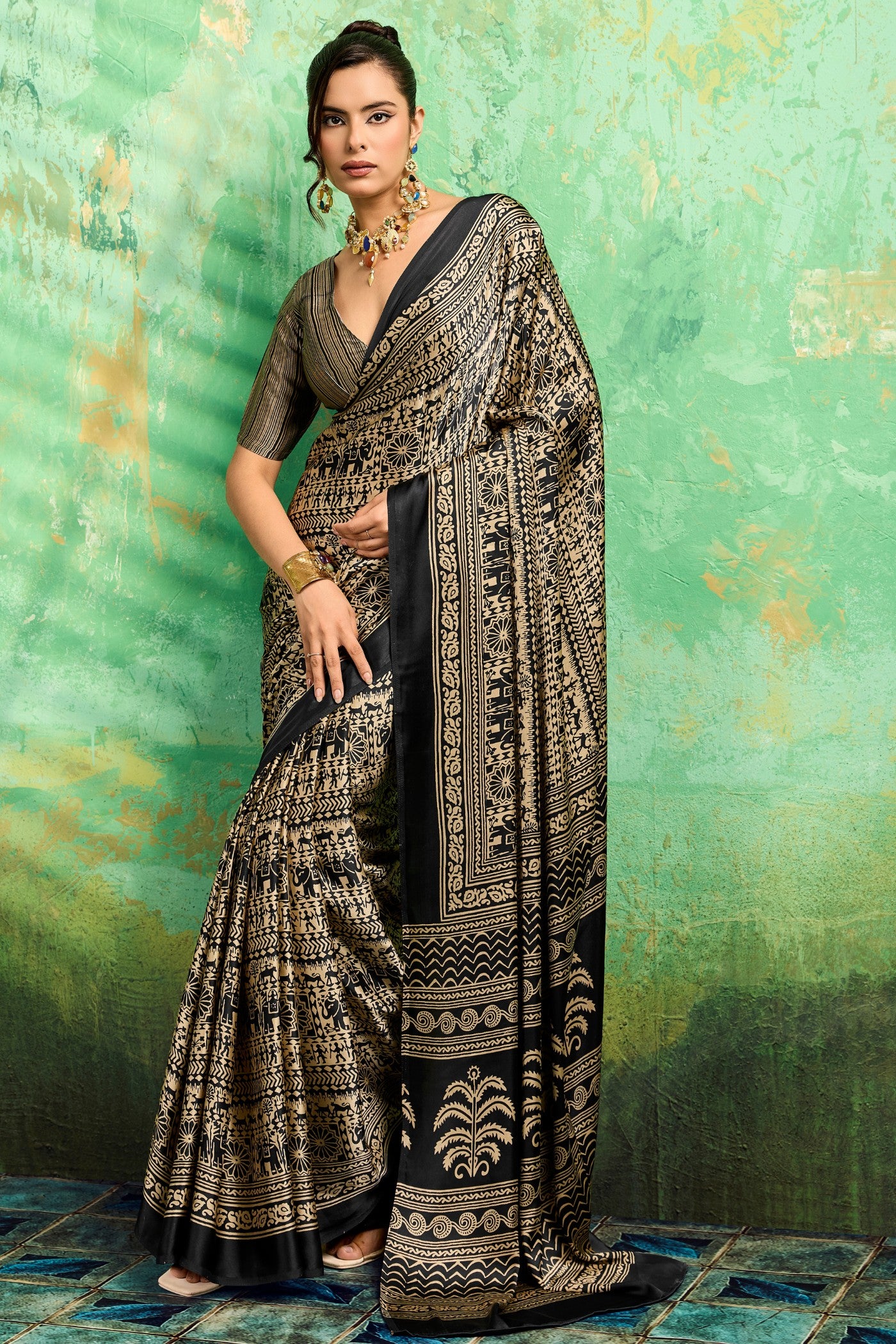 Buy MySilkLove Black Licorice Modal Satin Kalamkari Printed Saree Online