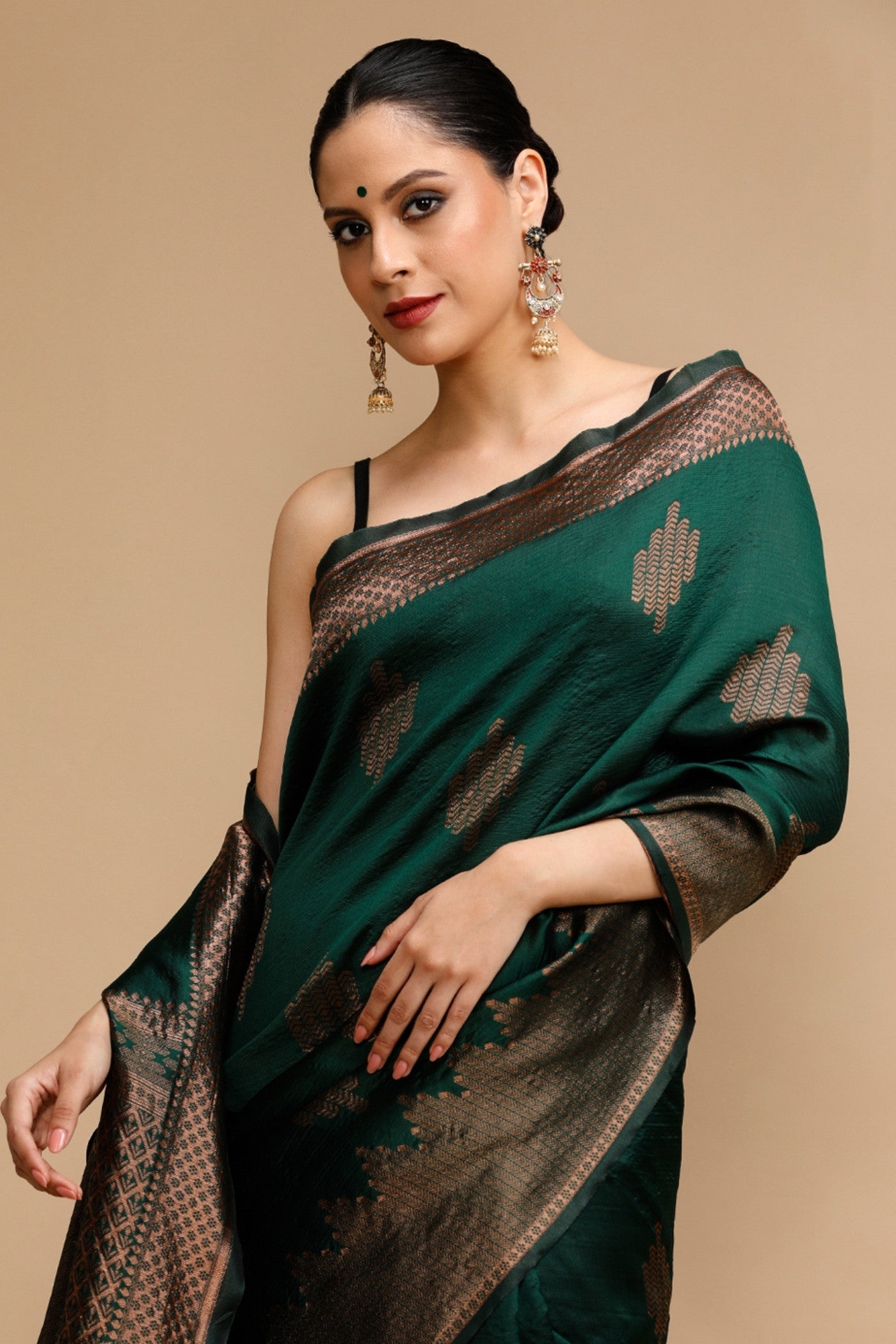 Buy MySilkLove Pine Green Woven Jacquard Lichi Silk Saree Online