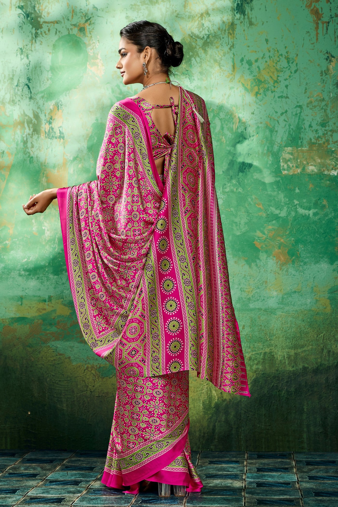 Buy MySilkLove Paradise Pink Modal Ajrakh Satin Printed Silk Saree Online