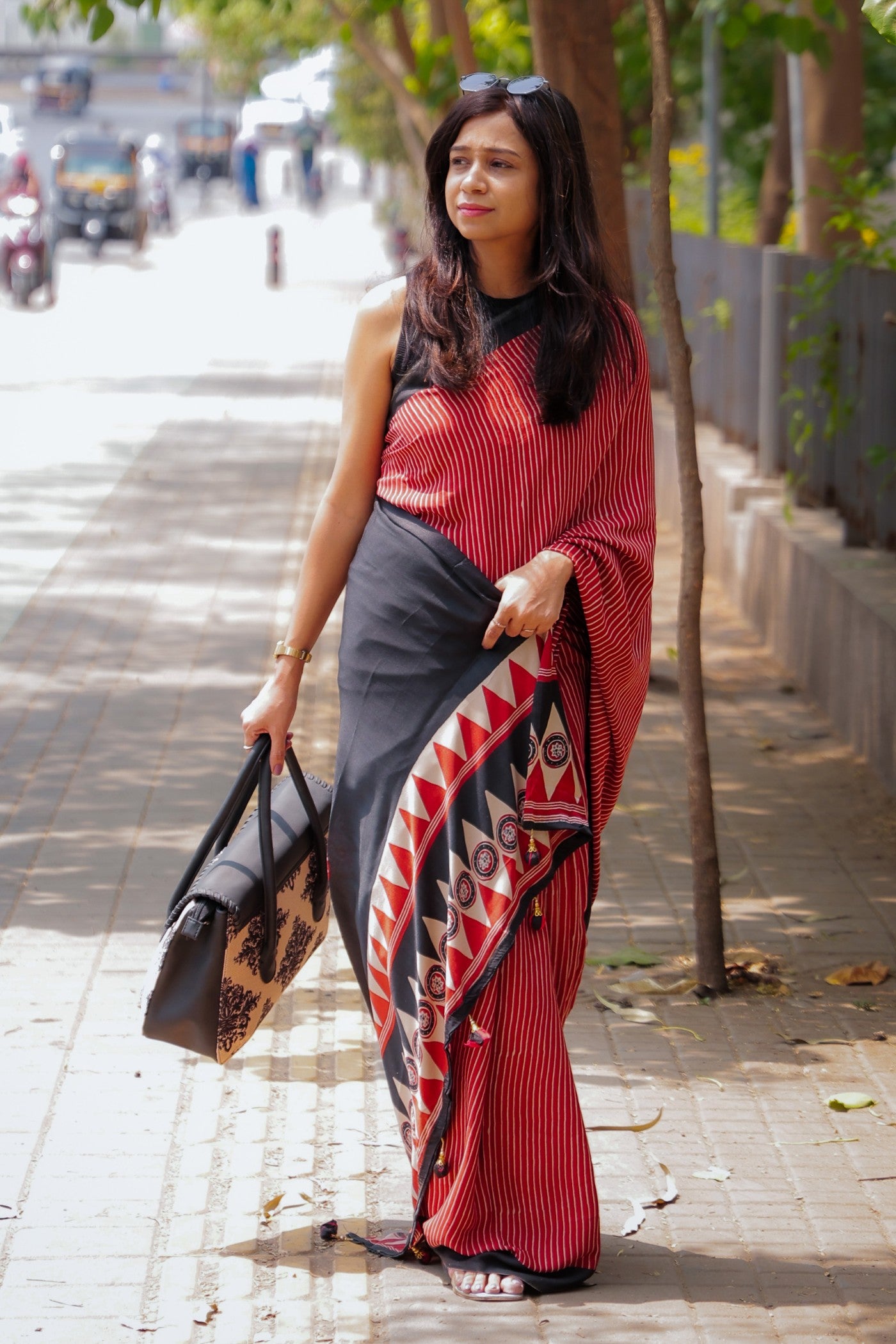 Buy MySilkLove Dark Chestnut Red Ajrakh Printed Satin Crepe Silk Saree Online