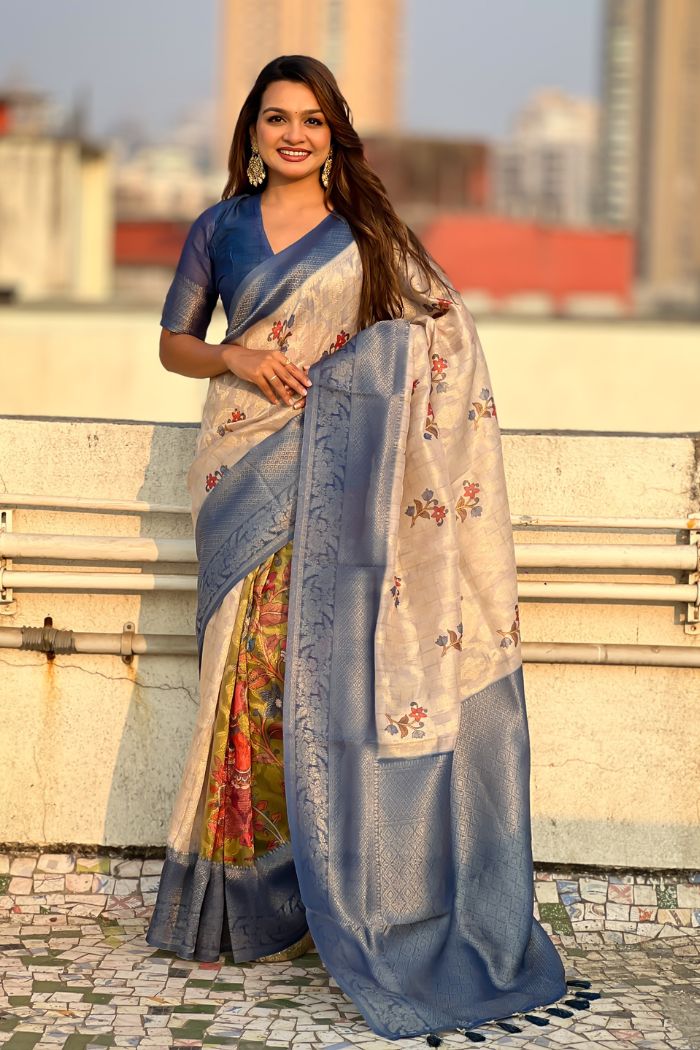Buy MySilkLove Dust Cream and Blue Woven Cotton Saree Online