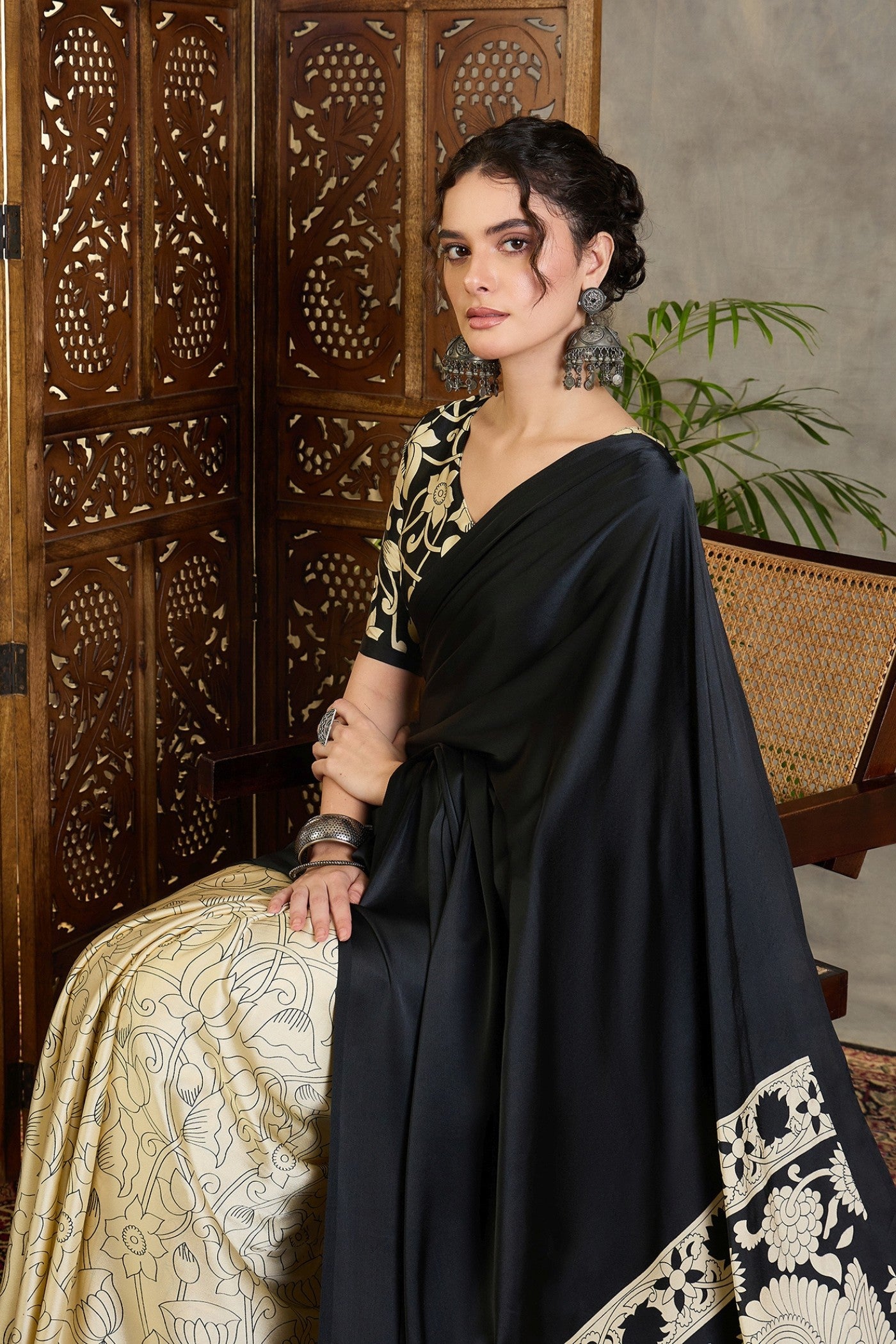 MySilkLove Crow Black and Cream Kalamkari Printed Satin Silk Saree