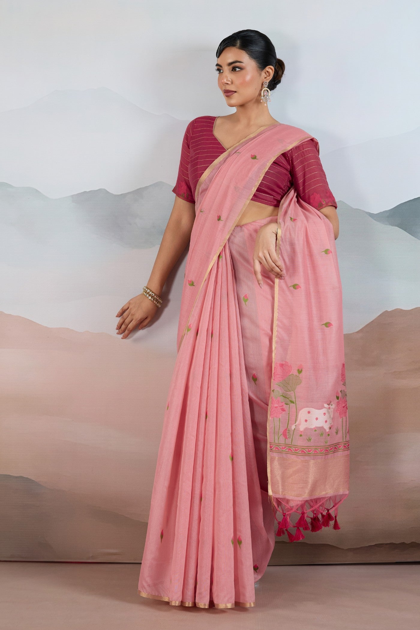 Buy MySilkLove French Rose Pink Cotton Handloom Pichwai Saree Online