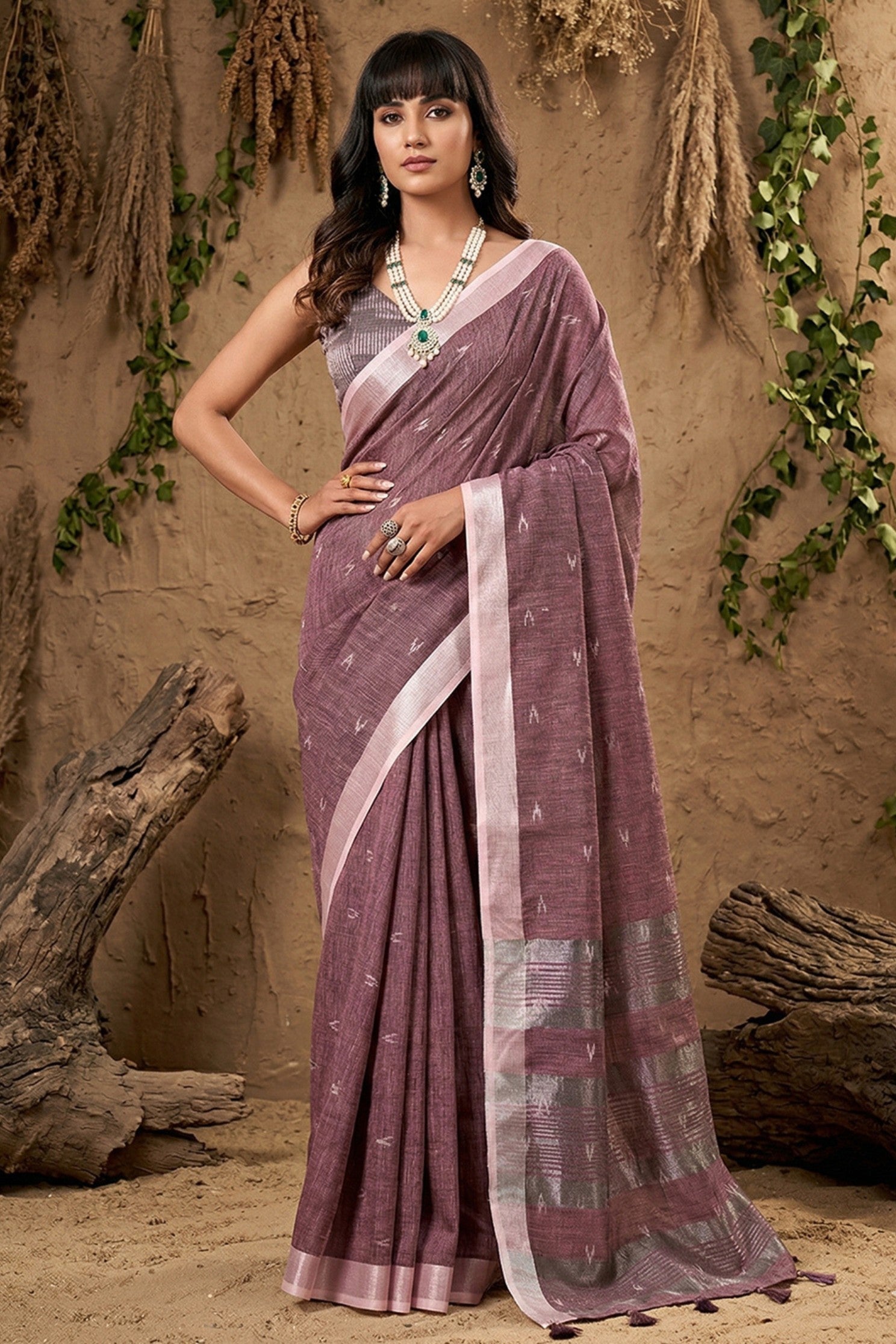 Buy MySilkLove Mauve Purple Woven Linen Cotton Saree Online