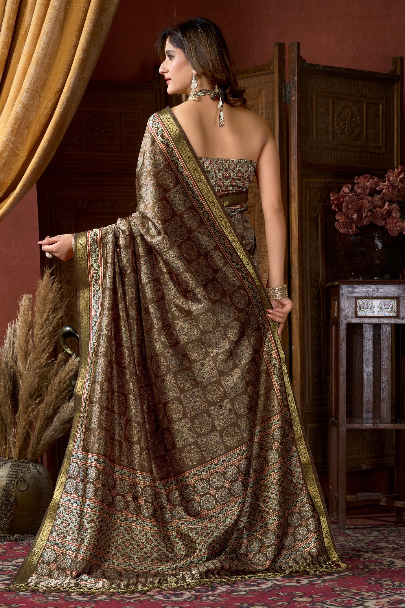 Buy MySilkLove Forest Green Ajrakh Printed Saree Online