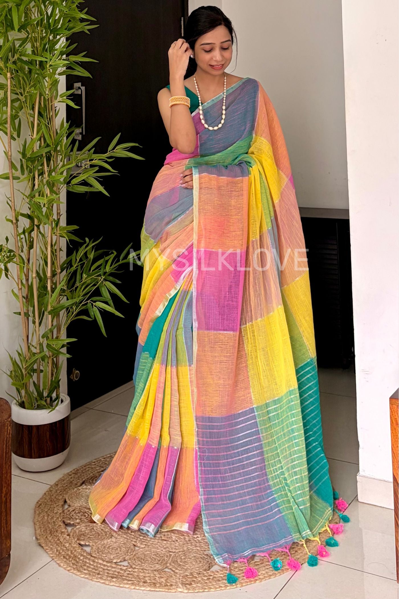 Buy MySilkLove Multicolor Yellow Checks Pattern Pure Linen Cotton Saree Online