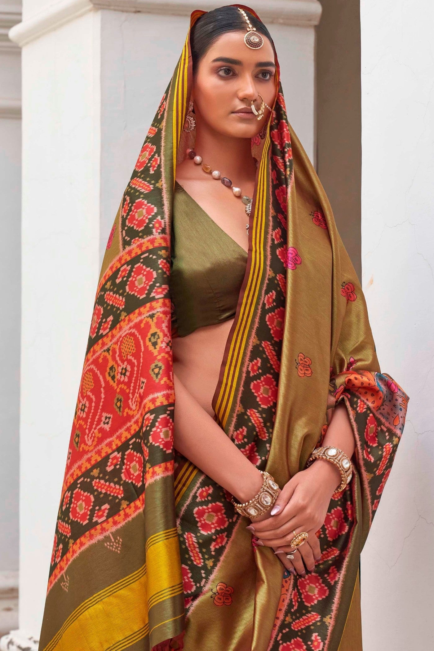 Buy MySilkLove Olive Green Printed Patola Saree Online
