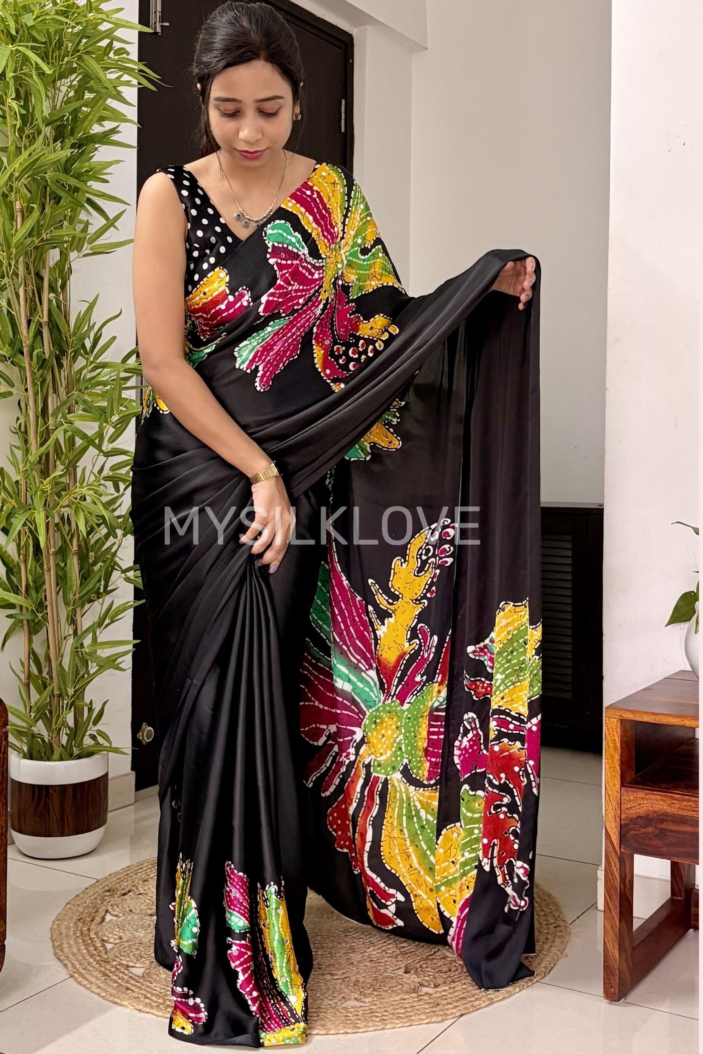 Buy MySilkLove Stone Black Bloom Floral Partywear Satin Silk Saree Without Blouse Online