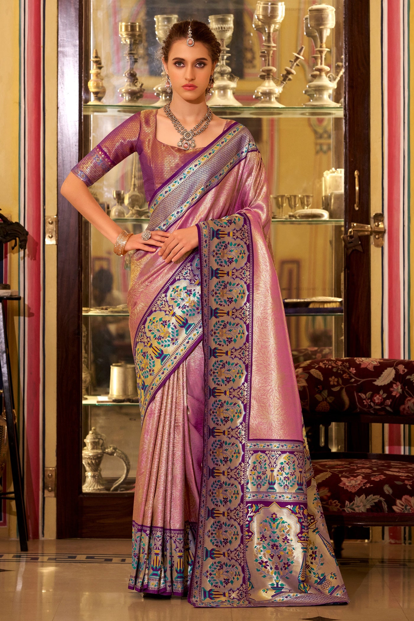 Buy MySilkLove New York Pink Woven Tissue Silk Saree Online