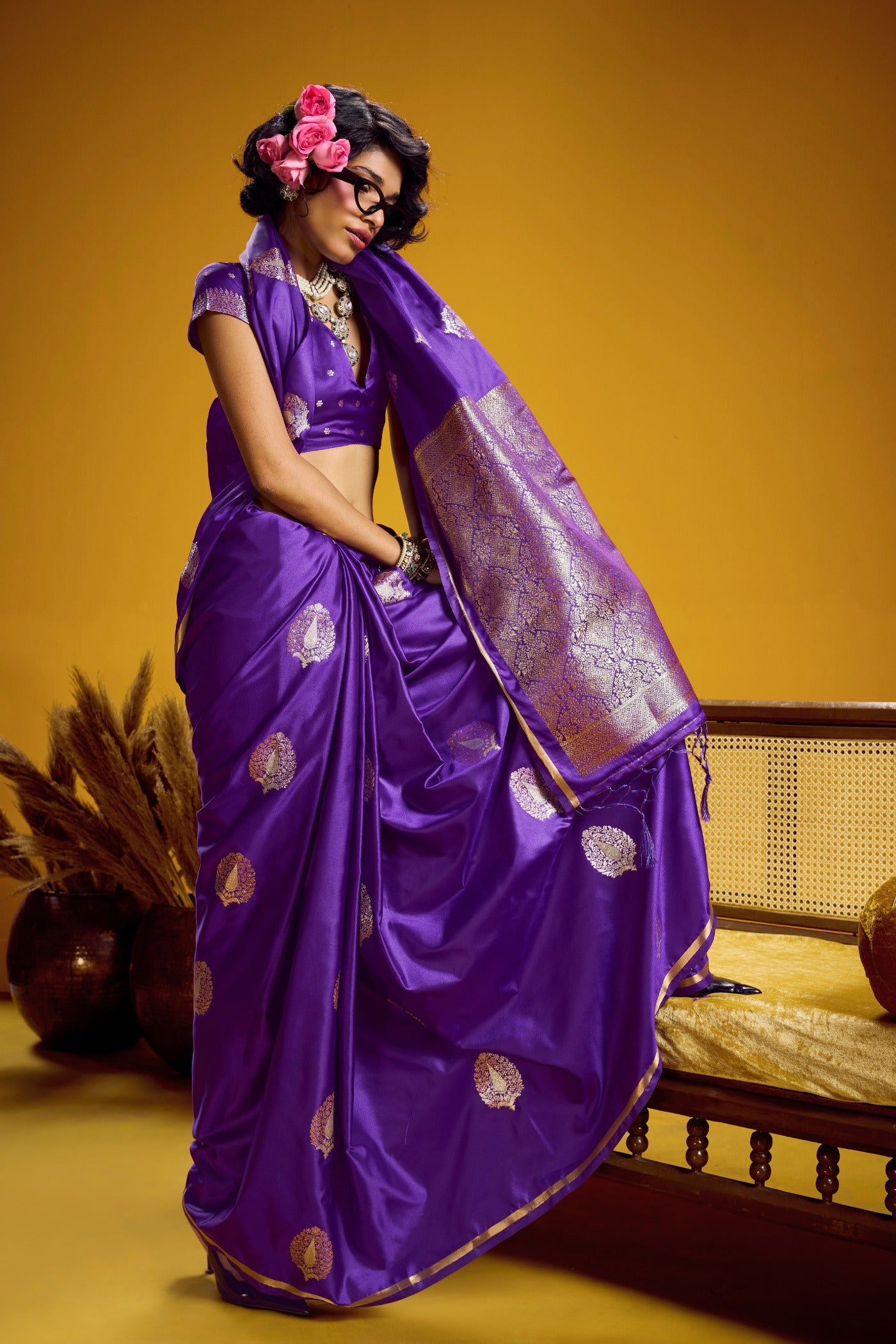 Buy MySilkLove Dark Purple Handloom Satin Silk Saree Online