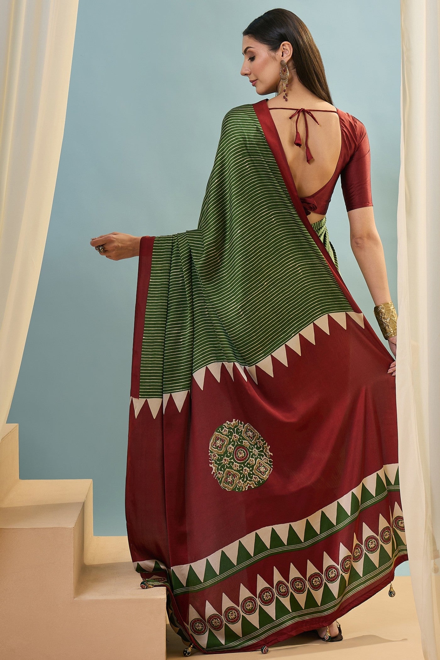 Buy MySilkLove Ember Green Ajrakh Printed Satin Crepe Silk Saree Online