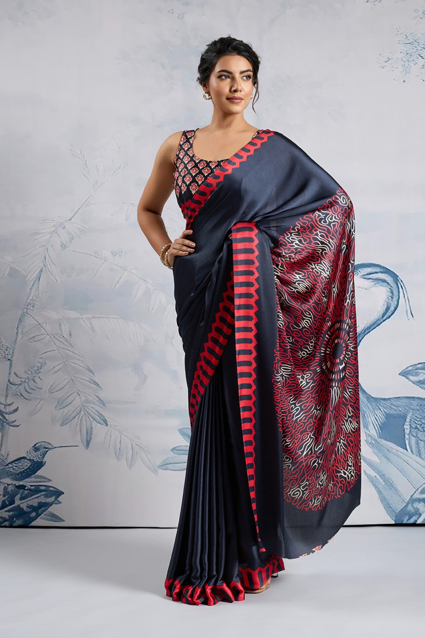 Buy MySilkLove Moonstone Blue Printed Satin Crepe Silk Saree Online