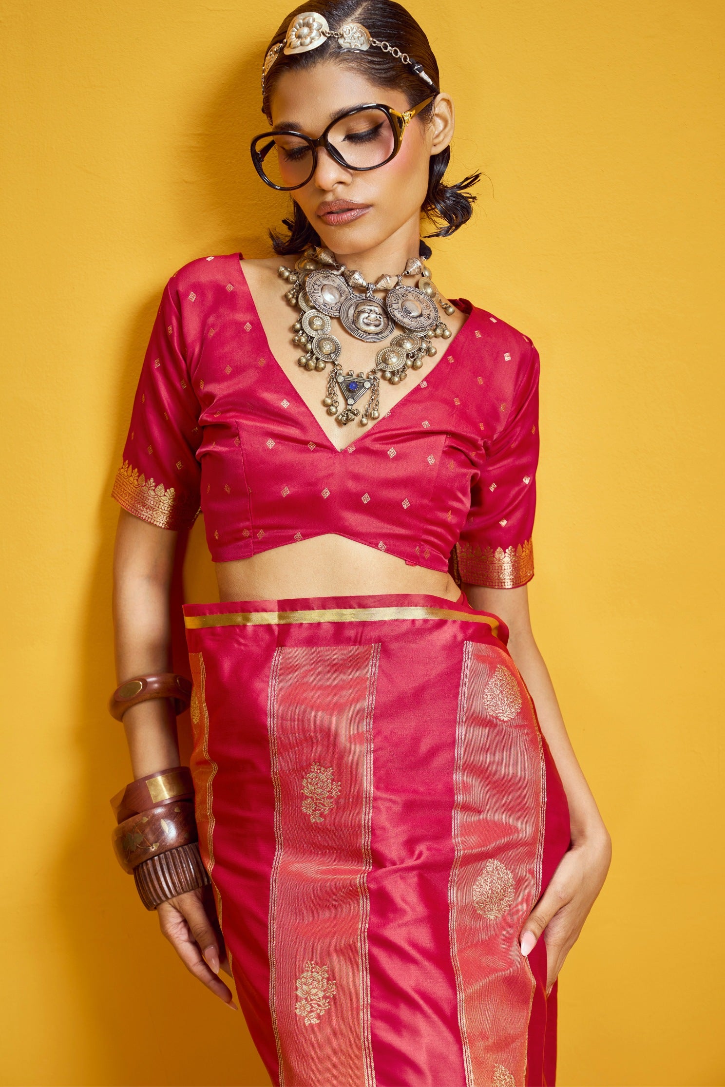 Buy MySilkLove Fire Brick Red Banarasi Handloom Satin Silk Saree Online