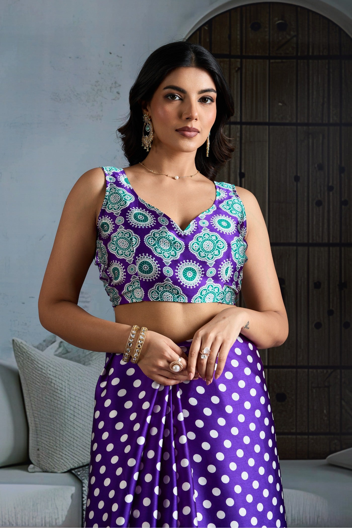 Buy MySilkLove Bondi Blue Printed Polka Dots Satin Crepe Saree Online