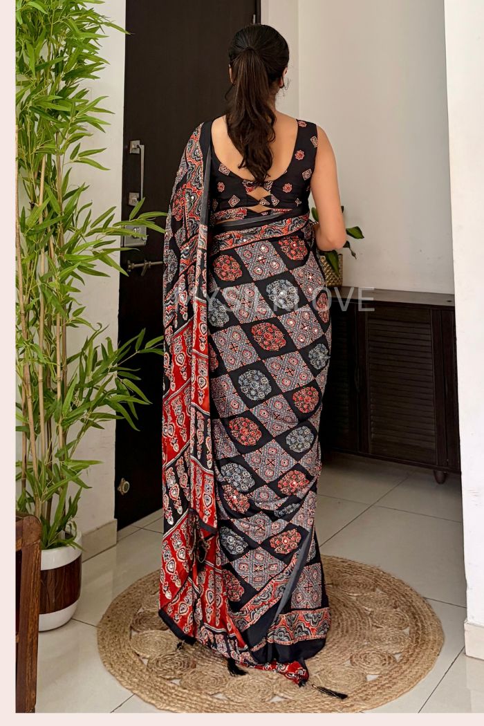 Buy MySilkLove Flint Black Ajrakh Modal Mirror Work Satin Silk Saree Online