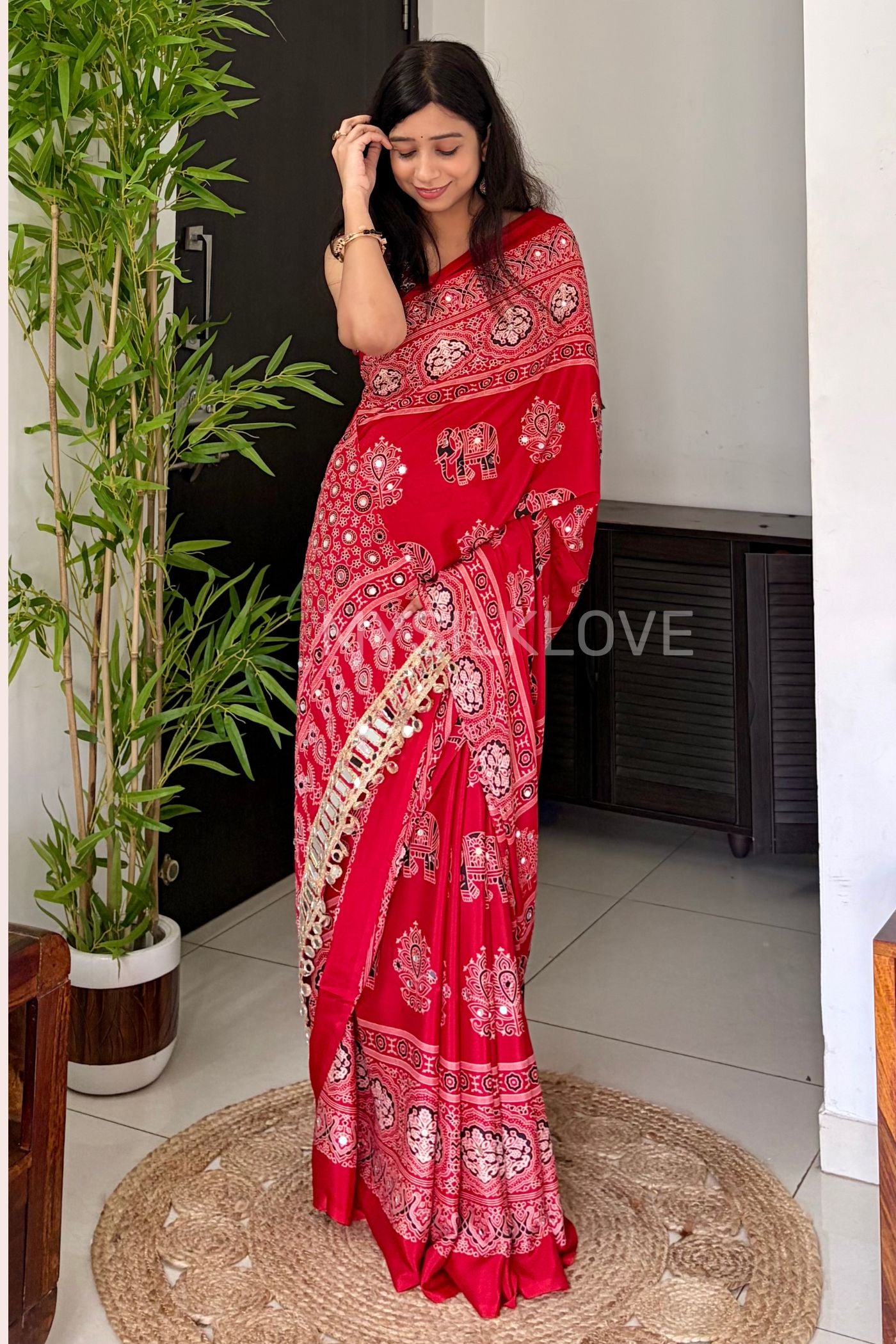 Buy MySilkLove Jam Red Ajrakh Satin Printed Mirror Work Saree Online