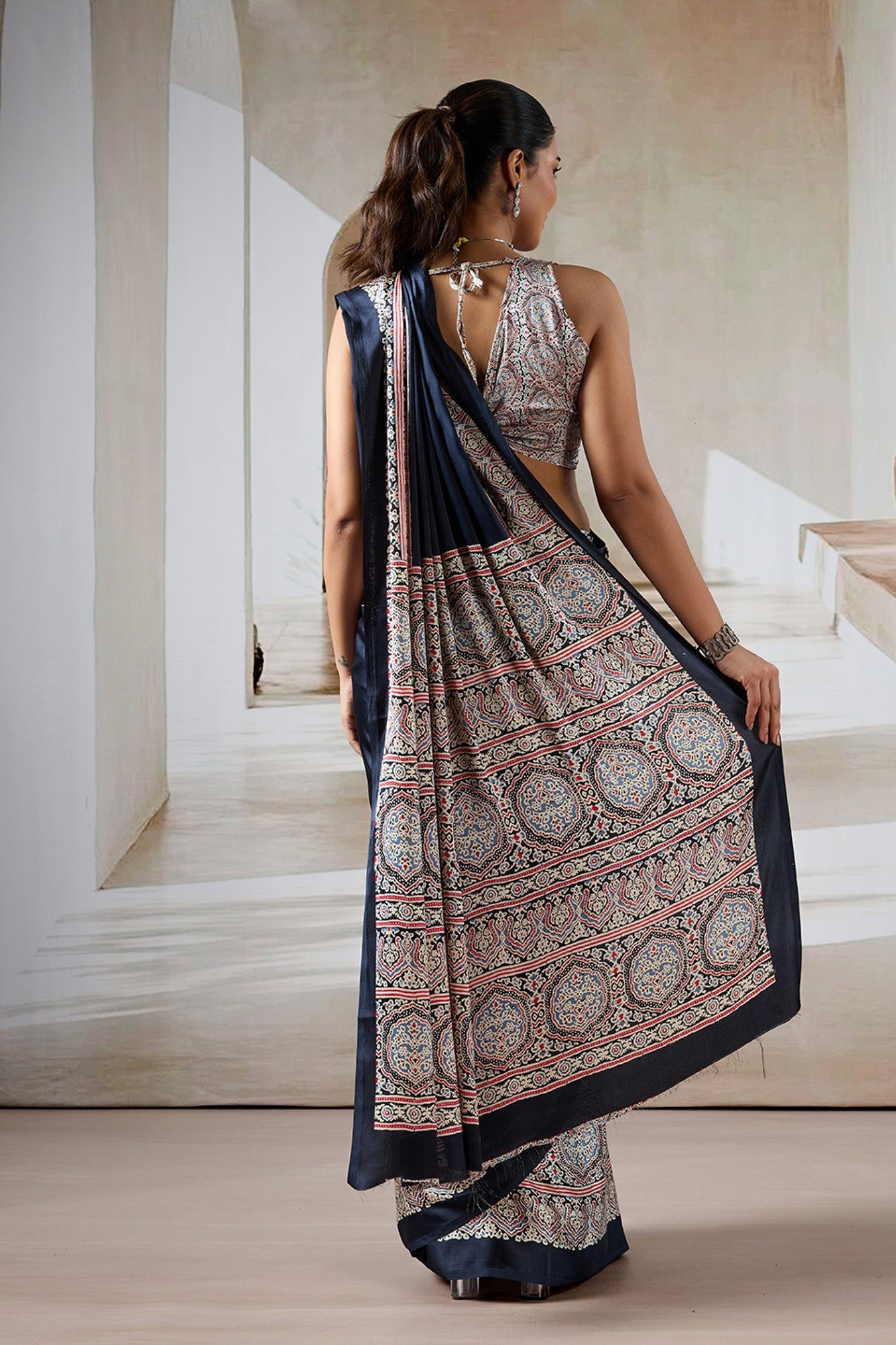 Buy MySilkLove Grease Black Ajrakh Printed Satin Crepe Silk Saree Online