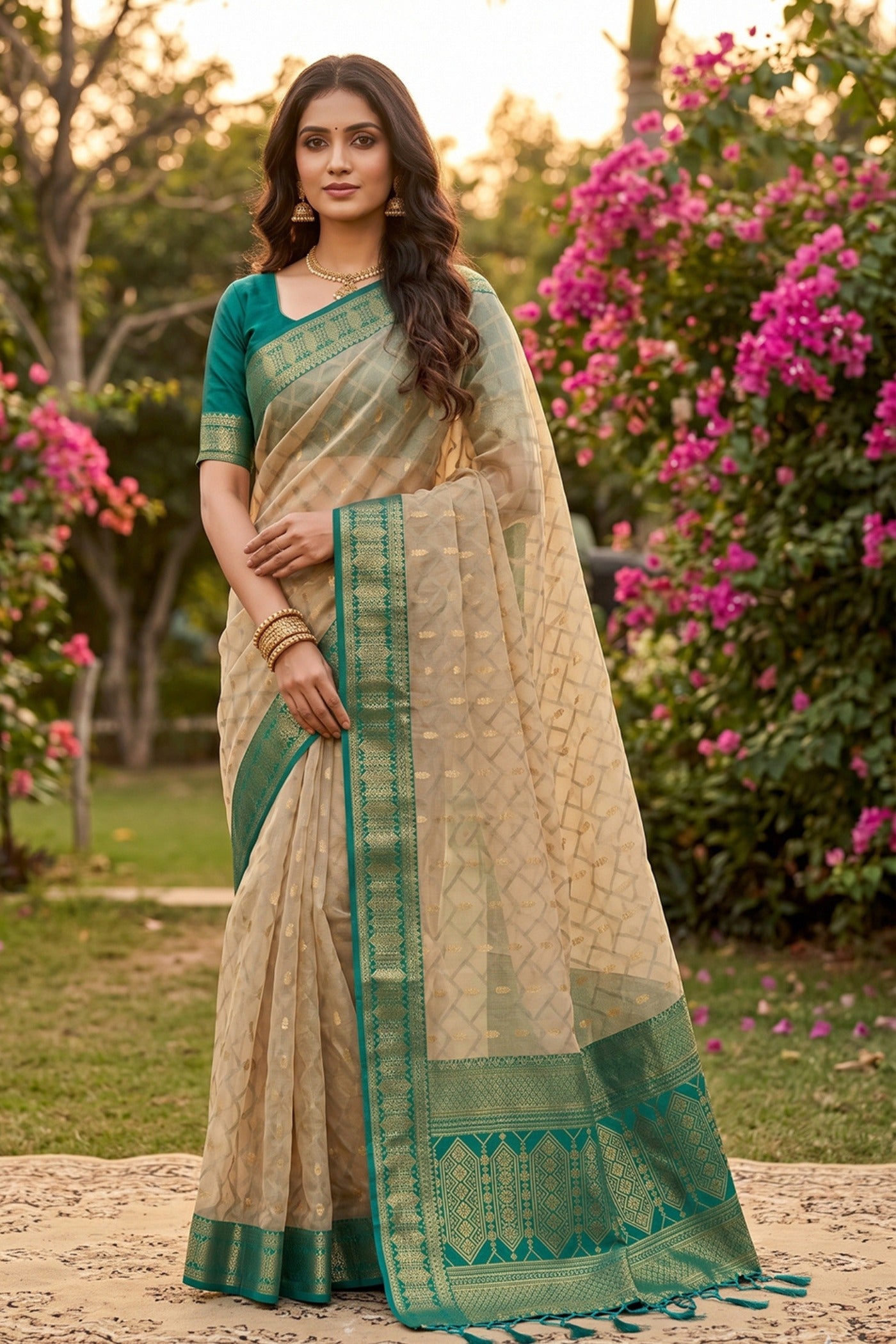 Buy MySilkLove Bone Cream and Green Woven Banarasi Cotton Saree Online