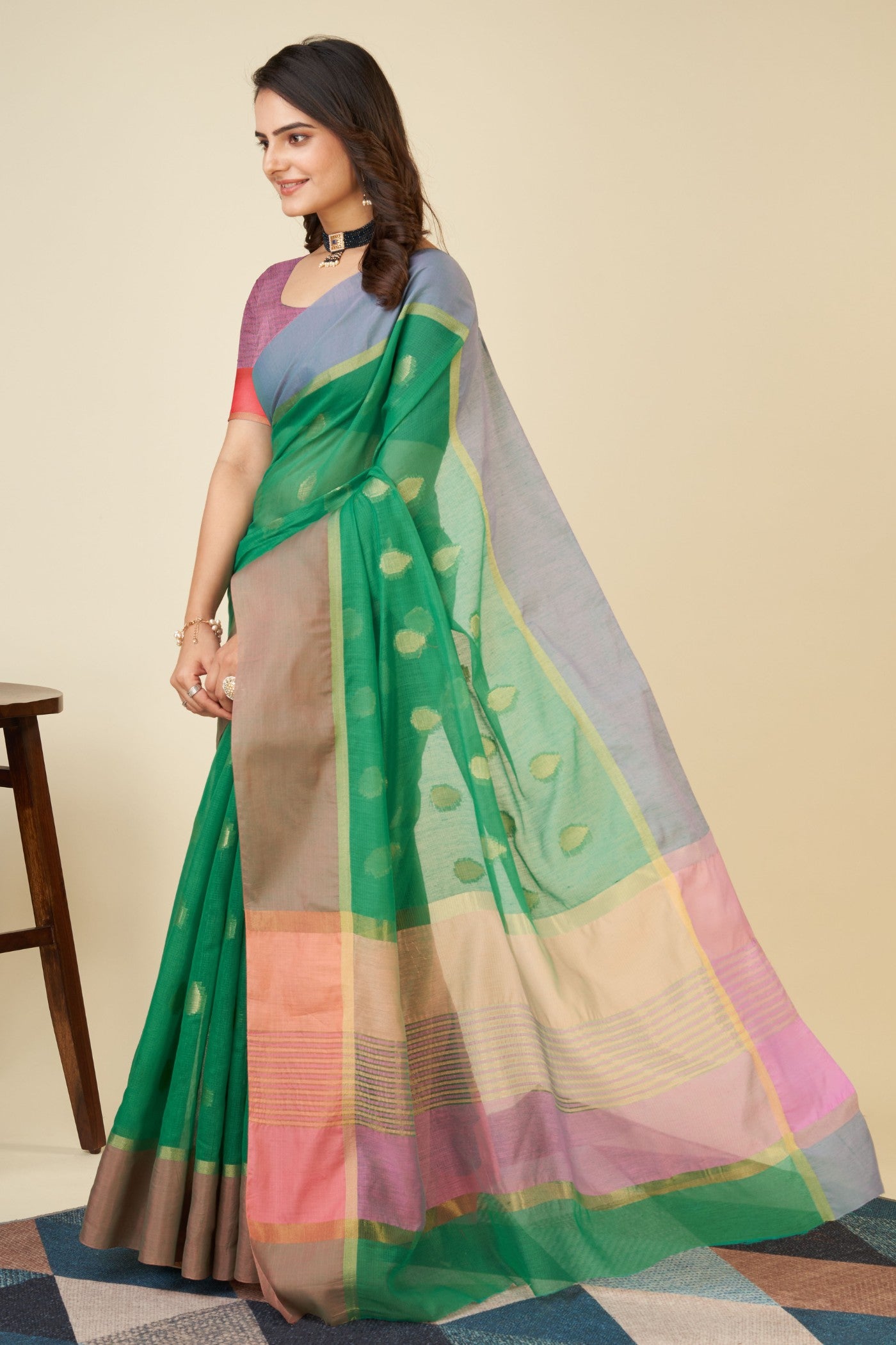 Buy MySilkLove Chartreuse Green Woven Cotton Saree Online