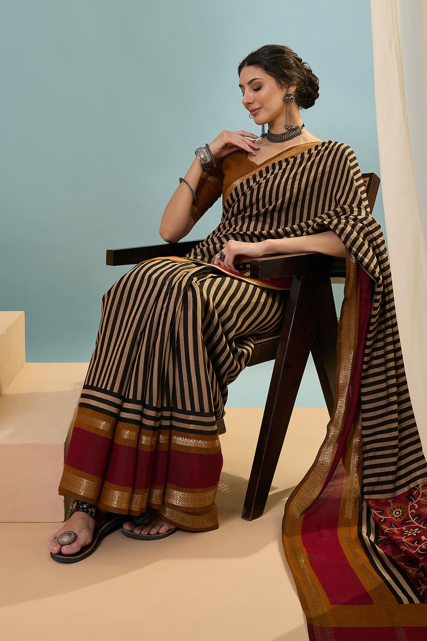 MySilkLove Tawny Brown Woven Cotton Saree